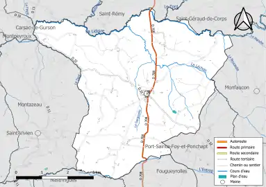 Carte en couleur présentant le réseau hydrographique de la commune