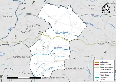Carte en couleur présentant le réseau hydrographique de la commune