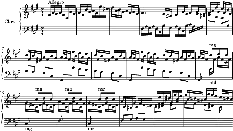 
\version "2.18.2"
\header { 
  tagline = ##f
}

%% les petites notes
trillD     = { \tag #'print { d4.\trill } \tag #'midi { e32 d e d e d~ d16~ d8 } }


upper = \relative c' {
  \clef treble 
  \key fis \minor
  \time 2/4
  \tempo 4 = 88
  \set Staff.midiInstrument = #"harpsichord"

     s8*0^\markup{Allegro}
     fis16 a gis a  fis cis b' gis | a fis d' b cis a gis' eis | fis cis d b cis a b gis | a4. gis16 eis | fis8 b16 gis a8 b16 gis |
     % ms 6
     \stemUp a16 cis fis b, e a, d gis, | cis fis, b eis, a fis b gis | \stemNeutral \repeat unfold 2 { a32[ gis fis16] fis' b, e a, d gis, | cis fis, b eis, a fis b gis } |
     % ms. 12
     a32[ gis fis16] \stemDown \change Staff = "lower" cis16-\markup{md} \change Staff = "upper" fis a fis cis fis | \repeat unfold 2 { gis eis cis eis } | \repeat unfold 2 { a fis cis fis } | \repeat unfold 2 { gis eis cis eis } |
     % ms. 16
     \stemNeutral a16 cis, bis gis' cis, fis e dis | \stemUp e16 e' fis, dis' gis, gis' cis, fis | gis cis, dis bis cis a' gis fis | e32[ dis cis16] 

}

lower = \relative c {
  \clef bass
  \key fis \minor
  \time 2/4
  \set Staff.midiInstrument = #"harpsichord"

    % *****************************
      s2*3 | fis16 a gis a  fis cis b' gis | a fis d b' cis a \stemDown \change Staff = "upper" gis' eis |
      % ms. 6
      fis8 d | cis \stemUp \change Staff = "lower" b8 | a gis fis cis fis, \repeat unfold 2 { \stemDown d'' cis b a gis fis cis |
      % ms. 12
      \stemUp fis, } \repeat unfold 2 { \stemUp \change Staff = "upper" cis'''8[^\markup{mg} d cis] \stemUp \change Staff = "lower" cis,,8-\markup{mg} \stemUp \change Staff = "upper" cis''8[^\markup{mg} d cis] |
      % ms. 16
      \change Staff = "lower" fis,,8 } gis8 a gis | \stemDown \change Staff = "upper" cis8 dis e a | gis fis e dis | cis8

} 

thePianoStaff = \new PianoStaff <<
    \set PianoStaff.instrumentName = #"Clav."
    \new Staff = "upper" \upper
    \new Staff = "lower" \lower
  >>

\score {
  \keepWithTag #'print \thePianoStaff
  \layout {
      #(layout-set-staff-size 17)
    \context {
      \Score
     \override SpacingSpanner.common-shortest-duration = #(ly:make-moment 1/2)
      \remove "Metronome_mark_engraver"
    }
  }
}

\score {
  \keepWithTag #'midi \thePianoStaff
  \midi { }
}
