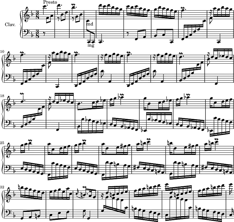 \version "2.18.2"
\header {
  tagline = ##f
  % composer = "Domenico Scarlatti"
  % opus = "K. 367"
  % meter = "Presto"
}
%% les petites notes
trillFp     = { \tag #'print { f4.\prall } \tag #'midi { g32 f g f~ f4 } }
trillDp     = { \tag #'print { d4.\prall } \tag #'midi { e32 d e d~ e4 } }
trillBesp   = { \tag #'print { bes4.\prall } \tag #'midi { c32 bes c bes~ bes4 } }
trillDEesp  = { \tag #'print { d4.\prall } \tag #'midi { ees32 d ees d~ d4 } }
trillAes    = { \tag #'print { aes4\prall } \tag #'midi { bes32 aes bes aes~ aes8 } }
trillBes    = { \tag #'print { bes4\prall } \tag #'midi { c32 bes c bes~ bes8 } }
trillC      = { \tag #'print { c4\prall } \tag #'midi { d32 c d c~ c8 } }
trillBqp    = { \tag #'print { b8.\prall } \tag #'midi { c32 b c b~ b16 } }
upper = \relative c'' {
  \clef treble 
  \key f \major
  \time 3/8
  \tempo 4. = 72
  \set Staff.midiInstrument = #"harpsichord"
      s8*0^\markup{Presto}
      c'4. d \trillBesp | s4. | d16 c d bes a g |
      % ms. 6
      c bes c a g f | g bes a g f e | \trillFp | \repeat unfold 2 { e16\rest a16 g bes a g | \trillFp }
      % ms. 12
      e16\rest f16 e g f e | \trillFp | e16\rest f16 e g f e | \trillDp | \stemUp g16\rest d16 c ees d c |
      % ms. 18
      \trillDEesp | \stemUp g16\rest d16 c ees d c \stemNeutral | bes8. c16 d ees | f g \trillAes | g16 bes,8 c16 d ees | f g \trillAes |
      % ms. 24
      g16 c,8 d16 e f | g a \trillBes | a16 c,8 d16 e f | g a \trillBes | a16 d,8 e16 fis g | a b \trillC
      % ms. 30
      b16 d,8 e16 fis g | a b \trillC | b16 a g f e d | e f g e a c, | \appoggiatura c16 \trillBqp   \tempo 4. = 42 a16   \tempo 4. = 30 g8   \tempo 4. = 72 | \stemUp r16 d'16 b c d e |
      % ms. 36
      \stemNeutral  f16 g a b c d \stemDown | e \stemUp d, b c d e | \stemNeutral  f g a b c d | \stemDown e 
}
lower = \relative c' {
  \clef bass
  \key f \major
  \time 3/8
  \set Staff.midiInstrument = #"harpsichord"
    % ************************************** \appoggiatura a16  \repeat unfold 2 {  } \times 2/3 { }   \omit TupletNumber 
      r8 \stemDown \change Staff = "upper"  f8 a | r8 bes8 d | r8 g,8 bes | c,8-\markup{md} \stemUp \change Staff = "lower" c,,-\markup{mg} c| c4. 
      % ms. 6
      r8 f8 a | bes c c, | \repeat unfold 2 { f16 a c f a \stemDown \change Staff = "upper" c | f8 \stemUp \change Staff = "lower" c,,4 } \stemNeutral | 
      % ms. 12
      \repeat unfold 2 { d16 f a d f a  | d8 a,4 } | \repeat unfold 2 { \stemUp bes16 d f bes \stemDown \change Staff = "upper" d f |
      % ms. 18
      bes8 \stemNeutral \change Staff = "lower" f,,4 } | bes16 \repeat unfold 2 { bes' aes g f ees | d c bes aes g f |
      % ms. 24
      ees16 } \repeat unfold 2 { c'' bes a g f | e d c bes a g | f } d'' c b a g | fis e d c b a | g d'' c b a g | fis e d c b a |
      % ms. 30
      g8 a b  | c e f | g g,4 | % d'' c b a g | fis e d c b a |
      % ms. 36
      \stemUp g'16 \repeat unfold 2 { \stemDown \change Staff = "upper" g' f e d \change Staff = "lower" c \stemNeutral   | b a g f e d | c } 
}
thePianoStaff = \new PianoStaff <<
    \set PianoStaff.instrumentName = #"Clav."
    \new Staff = "upper" \upper
    \new Staff = "lower" \lower
  >>
\score {
  \keepWithTag #'print \thePianoStaff
  \layout {
      #(layout-set-staff-size 17)
    \context {
      \Score
     \override TupletBracket.bracket-visibility = ##f
     \override SpacingSpanner.common-shortest-duration = #(ly:make-moment 1/2)
      \remove "Metronome_mark_engraver"
    }
  }
}
\score {
  \keepWithTag #'midi \thePianoStaff
  \midi { }
}