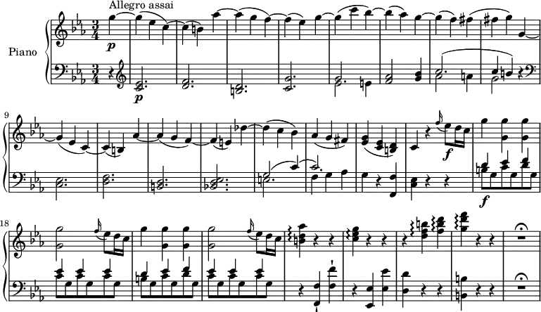 \version "2.18.2"
\header {
  tagline = ##f
}
upper = \relative c' {
  \clef treble 
  \key ees \major
  \time 3/4
  \tempo "Allegro assai"
  \tempo 4 = 200
  %\autoBeamOff
  % Incipit Mozart, sonate K.457
     \partial 4 g''4 \p ^ \markup {Allegro assai } ~ g (ees c) 
       ~ c (b) aes' ~ 
       aes (g f) ~ f (ees) g ~
       g (c bes) ~ bes (aes) g ~
       g (f)  fis (fis g)
       g, ~ g (ees c) ~
       c (b) aes' ~ aes (g f)
       ~ f (e) des' ~ des (c bes)
       aes (g fis)
       <ees g> (<c ees> <b d>)
       c4 r \grace f'16 (ees8)\f d16 c
       g'4 <g, g'> <g g'> <g g'>2 \grace f'16 (ees8) d16 c
       g'4 <g, g'> <g g'> <g g'>2 \grace f'16 (ees8) d16 c
      <b d aes'>4 \arpeggio r r
      <c ees g>\arpeggio r r
      r <d f b>\arpeggio <f b d>\arpeggio
      <g d' f>\arpeggio r r R2.^\fermata
  
}
lower = \relative c' {
  \clef bass
  \key ees \major
  \time 3/4
     \partial 4 r4
     \clef treble <c ees>2.  \p <d f>
     <b d> <c g'> << { \stemDown ees2  e4} \\ {  \stemUp g2. } >>
     <f aes>2 <g bes>4
     << { \stemDown aes2  a4 g2} \\ {  \stemUp c2.  ^ (c4 b) } >> r4 \clef bass
     <c,, ees>2. <d f> <b d> <bes! d es>
    << { \stemDown e!2.  f4 g aes} \\ {  \stemUp g2 ^(c4)  ^ (c2.) } >>
    g4 r <f, f'>
       <c' es> r r
  << { \stemDown b'8\f g  c g d' g, c g c g c g b g c g d' g, c g c g c g } \\ {  \stemUp d'4 ees f  ees ees ees  d ees f ees ees ees } >>
  r4 <f,, f'>-! <f' f'>-!
  r <ees, ees'> <ees' ees'>
  <d d'> r r <b b'> r r
  R2.^\fermata
} 
\score {
  \new PianoStaff <<
    \set PianoStaff.instrumentName = #"Piano"
    \new Staff = "upper" \upper
    \new Staff = "lower" \lower
  >>
  \layout {
    \context {
      \Score
      \remove "Metronome_mark_engraver"
    }
  }
  \midi { }
}