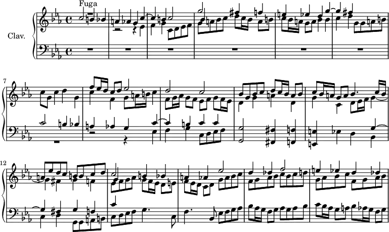 \version "2.18.2"
\header {
  tagline = ##f
}
dux = { c2 b4 bes | a4 aes g c~ | c b }
comes = { g2 fis4 f | e ees d g~ | g fis }
contraSubCourt = { ees4 | f g c,8 d ees f }
%% les petites notes
trillFqq = { \tag #'print { f8\prall } \tag #'midi { \times 2/3 { g32 f g } f16 } }
upper = \relative c'' {
  \clef treble
  \key c \minor
  \time 4/4
  \tempo 4 = 92
  \set Staff.midiInstrument = #"harpsichord"
      s8*0^\markup{Fuga} << { \dux c2 | \relative c''' \comes } \\ { s1*3 \stemUp \shiftOn bes4 } \\ { \stemDown R1 c,2\rest c4\rest \contraSubCourt | g8 a bes c d c16 bes a8 b | c8 bes16 a g8 a bes4 bes | c d g,8 g  a b | c g c4 d g, } >>
      % ms. 8
      << { f'8 ees16 d c8 d ees2 | d c | bes8 g bes c d c16 bes a8 bes } \\ { c4 f, g8 a16 b c4 | f,8 g16 aes g8 f ees f g f16 ees | d4 g a d, } >>
      % ms. 11
      << { c'8 bes16 a g8 a bes4. c16 bes | a8 ees' d c b b c d |   c2 b4 bes | a4 aes  ees'2 | d4 des f2 | e4 ees d des } \\ { s1 s1 \stemUp \shiftOn g,4 } \\ { \stemDown g4 c, d8 ees16 f g4_~ | g fis g f | ees8 f g aes g f16 ees d8 e | f ees16 d c8 d g aes bes c | f,g aes bes c bes c d | g, aes bes c f,g aes bes  } >>
}
lower = \relative c' {
  \clef bass
  \key c \minor
  \time 4/4
  \set Staff.midiInstrument = #"harpsichord"
    % **************************************
      R1*6 | << { \dux c4 c } \\ { R1 d,2\rest r4 \contraSubCourt  } >> < g, g' >2 < fis fis' >4 < f f' >
      % ms. 11
      < e e' >4 ees' d << { g4~ | g fis g f c' } \\ { bes,4 | c d g,8 g a b | c d ees f g4. c,8 } >>
      % ms. 14
      f4. bes,8 ees f g aes | bes aes16 g f8 g aes g aes bes | c bes16 aes g8 a bes aes16 g f8 g |
}
thePianoStaff = \new PianoStaff <<
    \set PianoStaff.instrumentName = #"Clav."
    \new Staff = "upper" \upper
    \new Staff = "lower" \lower
  >>
\score {
  \keepWithTag #'print \thePianoStaff
  \layout {
      #(layout-set-staff-size 17)
    \context {
      \Score
     \override SpacingSpanner.common-shortest-duration = #(ly:make-moment 1/2)
      \remove "Metronome_mark_engraver"
    }
  }
}
\score {
  \keepWithTag #'midi \thePianoStaff
  \midi { }
}