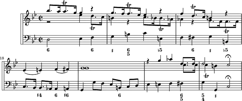 
\version "2.18.2"
\header {
  tagline = ##f
}

\score {

 \new StaffGroup <<
\set StaffGroup.systemStartDelimiter = #'SystemStartSquare
    \new Staff {
      \relative c'' {
      \key g \minor
      \time 2/2
      \tempo 4 = 70
      \autoBeamOff
      \clef treble
      \set Score.currentBarNumber = #15
      \override Rest #'style = #'classical
      \set Staff.midiInstrument = #"violin"

   % Violon
   << { bes'8. a16 a8.\trill g16 g4 r4 } \\ { r2 ees4 d8.\trill c16 } >>
   << { g'8. f16 f8.\trill ees16 ees4 r4 } \\ { b4 r4 c8. bes16 bes8.\trill aes16 } >>
   << { f'4 d8.\trill c16 b4 r4 } \\ { aes4 r4 g8. f16 f8.\trill f16 } >>
   ees4( e4) f( fis)
   << { g1 } \\ { g1 } >>
   << { r4 g'4 aes d,8. d16 } \\ { s2 s4 c8. c16 } >>
   << { d2 c\fermata } \\ { c4\trill b } >>

    }
}
    \new Staff {
  <<
      \key g \minor
    \set Staff.midiInstrument = #"recorder"

    \new Voice { \clef bass d2 ees4 f | g b c' e | f fis g b, | c8.[ bes,16] bes,8.[ aes,16] aes,4 a, | g, g8[ f] ees[ b,] c[ d] | ees4 e f fis | g4 g, c2\fermata }
    \new FiguredBass {
      \figuremode {
      < 6 >2 s4 < 6 >4
      % original #, 1959 bécarre, exp. #
      < _+ >4 < 6 5 >4 s4 < 5- >4
      s4 < 6 >4 < _+ >4 < 5- >4
      < _ >4 < 4+ >4 < 6 >4 < 6+ >4
      < _ >2 < _ >8 < 6 >8 < _ >4
      < _ >4 < _ >4 < _ >4 < 6 5 >4
      < 5 4 >4 < _+ >4
      }
    }
  >>
    }
 >>
  \layout {
    \context {
      \Score
      \remove "Metronome_mark_engraver"
    }
  }
  \midi {}
}
