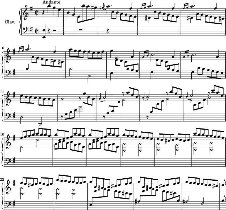 \version "2.18.2"
\header {
  tagline = ##f
  % composer = "Domenico Scarlatti"
  % opus = "K. 232"
  % meter = "Andante"
}
%% les petites notes
%trillBesp     = { \tag #'print { bes4.\prall } \tag #'midi { c32 bes c bes~ bes4 } }
upper = \relative c'' {
  \clef treble 
  \key e \minor
  \time 2/2
  \tempo 2 = 72
  \set Staff.midiInstrument = #"harpsichord"
  \override TupletBracket.bracket-visibility = ##f
      s8*0^\markup{Andante}
      r4 b'4 g e | b g e8 b'' a gis | \appoggiatura gis8 a2. \stemUp fis4 | \repeat unfold 3 { \grace { \tempo 2 = 30 fis16 g }   \tempo 2 = 72 a2. \stemUp fis4 } \stemNeutral 
      % ms. 7
      a8 g g fis fis e e fis | g4 g,2 a4 |
      % ms. 9
      \repeat unfold 2 { \grace { \tempo 2 = 30 a16 b } \tempo 2 = 72 c2. a4 } | e'8 d d c c b b a | b2 r8 g'8 d b |
      % ms. 13
      \appoggiatura b4 \stemUp c2 g'8\rest a8 fis d | \appoggiatura c4 d2 g8\rest b8 g d | \appoggiatura d4 e2 g8\rest c8 a e | fis g a b c b b a |
      % ms. 17
      \repeat unfold 2 { b8 d, e fis g c b a } | b a a g g fis fis e | \repeat unfold 2 { e d cis d }
      % ms. 21
      c'8 b b a a g g fis| \repeat unfold 2 { fis e dis e } | b'8 a a g g fis fis g | \repeat unfold 2 { g b, ais b cis d e fis } |
      % ms. 26
      g8 fis fis e e d d cis | d
      % ms. 29
      
}
lower = \relative c' {
  \clef bass
  \key e \minor
  \time 2/2
  \set Staff.midiInstrument = #"harpsichord"
  \override TupletBracket.bracket-visibility = ##f
    % ************************************** \appoggiatura a16  \repeat unfold 2 {  } \times 2/3 { }   \omit TupletNumber 
      < e,, e' >4 r4 r2 | R1 | r4 \stemDown \change Staff = "upper" \repeat unfold 2 { c'''8 b a g fis e |
      % ms. 5
      dis4 } a'8 g fis e dis cis | \stemUp \change Staff = "lower" b4   \stemDown \change Staff = "upper" a'8 g fis e dis cis | \stemNeutral \change Staff = "lower" b2 b,2 | e4 \repeat unfold 2 { \stemDown \change Staff = "upper" e'8 d c \stemNeutral \change Staff = "lower" b a g |
      % ms. 9
      fis4 } c'8 b a g fis e | d2 d, | r8 g'8 b d g2 |
      % ms. 13
      r8 a,8 c \stemDown \change Staff = "upper" fis a2 | \stemUp \change Staff = "lower" r8 b,8 \stemDown \change Staff = "upper"  d g b2 | r8 c,8 e a c2 | d, d' |
      % ms. 17
      \repeat unfold 2 { g,8 b c a b fis g d } | < g, g' >2 q | < a g' > < a fis' >
      % ms. 21
      < a a' >2 q | < b a' > < b g' > | q < b fis' > | \stemUp \change Staff = "lower" e,8  \stemDown \change Staff = "upper"  e' g fis e d cis b |
      % ms. 25
      \stemUp \change Staff = "lower" ais8  \stemDown \change Staff = "upper" e' g fis e d cis \stemUp \change Staff = "lower"  b | ais2 fis | b8
      % ms. 29
      
}
thePianoStaff = \new PianoStaff <<
    \set PianoStaff.instrumentName = #"Clav."
    \new Staff = "upper" \upper
    \new Staff = "lower" \lower
  >>
\score {
  \keepWithTag #'print \thePianoStaff
  \layout {
      #(layout-set-staff-size 17)
    \context {
      \Score
     \override SpacingSpanner.common-shortest-duration = #(ly:make-moment 1/2)
      \remove "Metronome_mark_engraver"
    }
  }
}
\score {
  \keepWithTag #'midi \thePianoStaff
  \midi { }
}