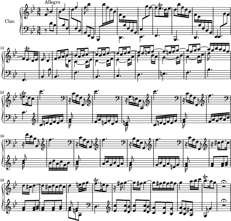 
\version "2.18.2"
\header {
  tagline = ##f
  % composer = "Domenico Scarlatti"
  % opus = "K. 57"
  % meter = "Allegro"
}

%% les petites notes
trillEesp     = { \tag #'print { ees8.\trill } \tag #'midi { f32 ees f ees~ ees16 } }
trillEqp      = { \tag #'print { e8.\trill } \tag #'midi { f32 e f e~ e16 } }
trillFqp      = { \tag #'print { f8.\trill } \tag #'midi { g32 f g f~ f16 } }
trillBesqp    = { \tag #'print { bes8.\trill } \tag #'midi { c32 bes c bes~ bes16 } }

upper = \relative c'' {
  \clef treble 
  \key bes \major
  \time 3/8
  \tempo 4. = 78
  \set Staff.midiInstrument = #"harpsichord"
  \override TupletBracket.bracket-visibility = ##f

      s8*0^\markup{Allegro}
      \stemUp f,8 bes4 | s8 d4 | s8 f4 | \stemDown f8 bes4 | \stemUp \change Staff = "lower" bes,,,,8  \stemDown  \change Staff = "upper" bes''''16 f d bes | f16 d \stemUp \change Staff = "lower"  bes f d bes | ees8  \stemDown  \change Staff = "upper" g''8 f~ |
      % ms. 8
      f8 \trillEesp d32 ees | d8 bes'16 f d bes f d  \stemUp \change Staff = "lower" bes f d bes | ees,8 \stemDown  \change Staff = "upper"  g'' f~ |  \stemNeutral  f \trillEesp d32 ees | ees8 d4 |
      % ms. 14
      << { f8 g16 a bes8~ | bes a16 bes c8~ | c bes16 c d8~ | d c16 d ees8~ | ees d16 e f8~ | f e16 f g8~ | g f16 g a8~ | a16 g bes a g f } \\ { s4 bes,16 d, | c4~ c16 ees | d4~ d16 f | ees4~ ees16 a | bes4 bes16 a | g4~ g16 bes | a4~ a16 c d8 } >> 
      % ms. 22
      \trillEqp d16 c8 | c'4. |  \clef bass 
      % ms. 24
      r16 c,,16[ a f] f,8 | \clef treble  c''''4. | \clef bass r16 g,,16[ e c] c,8 | \clef treble  c''''4. | \clef bass r16 c,,16[ a f] f,8 | \clef treble  f'''4. | \clef bass r16 f,16[ d bes] bes,8 | \clef treble  f'''4. |
      % ms. 32
      \clef bass r16 c,16[ a f] a,8 | \clef treble  f'''4. | \clef bass r16 bes,,16[ g ees] g,8 | \clef treble  f'''4. | \clef bass r16 c,16[ a f] f,8 | \clef treble r16 cis'''16 d8. cis16 | d cis d4~ | \repeat unfold 3 { d16 cis }
      % ms. 40
      d4 e32 f g16 | \trillFqp e16 d8 | r16 fis16 g4~ | g16 fis g4~ | \repeat unfold 3 { g16 fis } | g4 a32 bes c16 | \trillBesqp a16 g8 | R4.\fermata

}

lower = \relative c' {
  \clef bass
  \key bes \major
  \time 3/8
  \set Staff.midiInstrument = #"harpsichord"
  \override TupletBracket.bracket-visibility = ##f

    % ************************************** \appoggiatura a16  \repeat unfold 2 {  } \times 2/3 { }   \omit TupletNumber 
      r8 d8 bes | \stemDown \change Staff = "upper" bes' \stemUp \change Staff = "lower"  bes, f | \stemDown \change Staff = "upper" d''  \stemUp \change Staff = "lower"  f,, d | bes f d | s4. | \stemDown \mergeDifferentlyDottedOn d4. ees4. |  \stemNeutral
      % ms. 8
      f4. bes, d ees f | bes4 bes'8 | bes,4. f' |
      % ms. 16
      bes,4. c d e f bes c |   \clef treble  c16 e d f e g |
      % ms. 24
      << { a8 } \\ { f16 } >> s4 |  f16 a e g d f | << { e8 } \\ { c16 } >> s4 | c16 e d f e g | << { a8 } \\ { f16 } >> s4 | f16 a g bes a c | << { d8 } \\ { bes16 } >> s4 | bes16 d a c g bes |
      % ms. 32
      << { c8 } \\ { a16 } >> s4 | a16 c g bes f a | << { bes8 } \\ { g16 } >> s4 | g16 bes f a e g | << { a8 } \\ { f16 } >> s4 | \repeat unfold 3 { < f a >8 q < g bes > } |
      % ms. 40
      << { a8 g4 } \\ { f8 e a, } >>   \clef bass d,4.  |  \clef treble \repeat unfold 2 { < ees' c' >8 q < d bes' > } | < c a' > q < bes g' > | < c a' > < bes g' > < a fis' > | g8 g'4 | R4.\fermata

}

thePianoStaff = \new PianoStaff <<
    \set PianoStaff.instrumentName = #"Clav."
    \new Staff = "upper" \upper
    \new Staff = "lower" \lower
  >>

\score {
  \keepWithTag #'print \thePianoStaff
  \layout {
      #(layout-set-staff-size 17)
    \context {
      \Score
     \override SpacingSpanner.common-shortest-duration = #(ly:make-moment 1/2)
      \remove "Metronome_mark_engraver"
    }
  }
}

\score {
  \keepWithTag #'midi \thePianoStaff
  \midi { }
}
