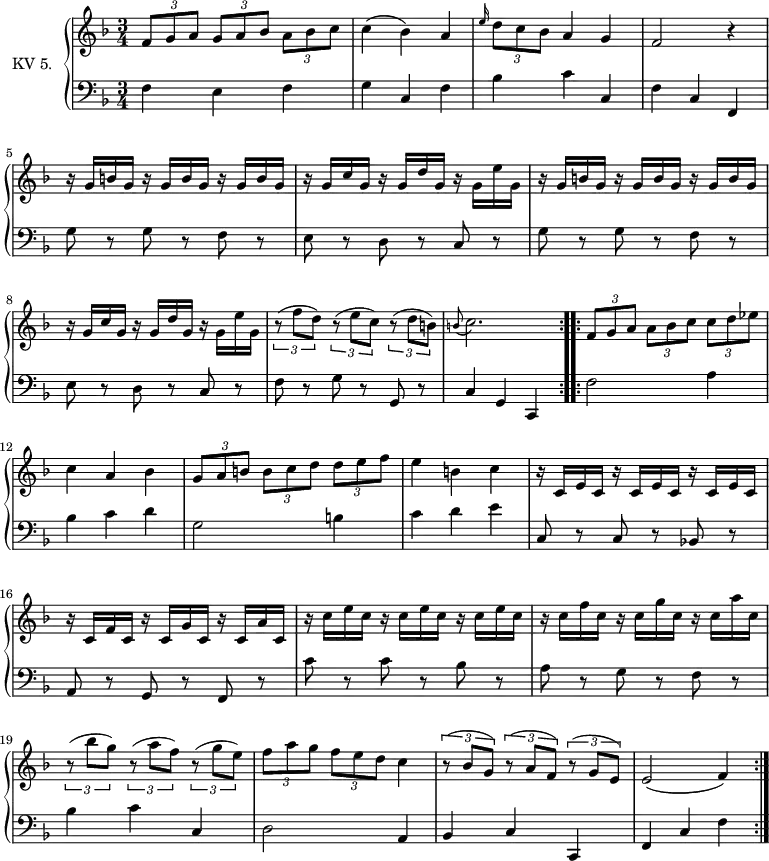 \version "2.14.2"
\header {
  tagline = ##f
}
upper = \relative c'' {
  \clef treble
  \key f \major
  \time 3/4
  \tempo 4 = 110
  \tempo "Menuetto"
  \set Staff.midiInstrument = #"dulcimer"
  \repeat volta 2 {
   
     \tuplet 3/2 {f,8 g a } \tuplet 3/2 {g8 a bes} \tuplet 3/2 {a8 bes c}
    |c4 (bes) a
    \grace e'16  \tuplet 3/2 {d8 c bes} a4 g
     f2 r4
     r16 g b g r g b g r g b g
     r16 g c g r g d' g, r g e' g,
     r16 g b g r g b g r g b g
     r16 g c g r g d' g, r g e' g,
    \tuplet 3/2 {r8 (f' d)  } \tuplet 3/2 {r8 (e c)} \tuplet 3/2 {r8 (d b)}
    \grace b8 (c2.)
  }
  \repeat volta 2 \relative c' {
    \tuplet 3/2 {f8 g a } \tuplet 3/2 {a8  bes c} \tuplet 3/2 {c8 d ees}
    |c4 a bes
    \tuplet 3/2 {g8 a b } \tuplet 3/2 {b8 c d} \tuplet 3/2 {d8 e f}
    |e4 b c
    r16 c, e c r c e c r c e c
     r16 c f c r c g' c, r c a' c,
     r16 c' e c r c e c r c e c
     r16 c f c r c g' c, r c a' c,
    \tuplet 3/2 {r8 (bes' g)  } \tuplet 3/2 {r8 (a f)} \tuplet 3/2 {r8 (g e)}
     \tuplet 3/2 {f8 a g  } \tuplet 3/2 {f8 e d} c4
      \tuplet 3/2 {r8 (bes g)  } \tuplet 3/2 {r8 (a f)} \tuplet 3/2 {r8 (g e)}
      e2 (f4)
  }
} 
lower = \relative c {
  \clef bass
  \key f \major
  \time 3/4
  \set Staff.midiInstrument = #"harpsichord"
  
  \repeat volta 2 {
  f4 e f | g c, f  | bes c c, | f c f, |  g'8 r g r f r | e r d r c r  |  g' r g r f r | e r d r c r  |f r g r g, r | c4 g c,
  }
  \repeat volta 2 \relative c {
    f2 a4 | bes c d | g,2 b4  | c d e|  
     c,8 r c r bes! r | a r g r f r  | c'' r c r bes r | a r g r f r
     bes4 c c,
     d2 a4
     bes c c,
     f c' f
  }
} 
\score {
  \new PianoStaff <<
    \set PianoStaff.instrumentName = #"KV 5."
    \new Staff = "upper" \upper
    \new Staff = "lower" \lower
  >>
  \layout {
    \context {
      \Score
      \remove "Metronome_mark_engraver"
    }
  }
 \midi { }
}