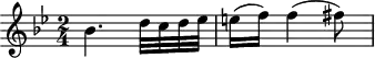 \header {
  tagline = ##f
}
\score {
  \new Staff \with {
  }
<<
  \relative c'' {
    \key bes \major
    \time 2/4
    \override TupletBracket #'bracket-visibility = ##f 
    %\autoBeamOff
     %%%%%%%%%%%%%%%%%%%%%%%%%% K9&/5a
         bes4. d32 c d ees
         e16 (f) f4 (fis8)
  }
>>
  \layout {
    \context {
      \remove "Metronome_mark_engraver"
    }
  }
  \midi {}
}