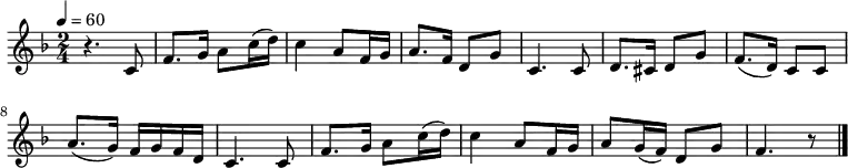 \relative c' {
  \new PianoStaff <<
   \new Staff { \key f \major \time 2/4 \tempo 4 = 60
   r4. c8|f8. g16 a8 c16( d)|c4 a8 f16 g|a8. f16 d8 g|c,4. c8|d8. cis16 d8 g|f8.( d16) c8 c|a'8.( g16) f g f d|c4. c8|f8. g16 a8 c16( d)|c4 a8 f16 g|a8 g16( f) d8 g|f4. r8 \bar "|."
   } >>
 }