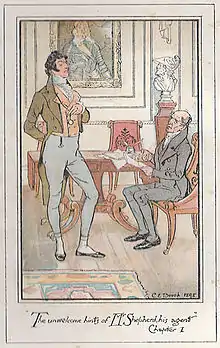 Illustration couleur. Debout, Sir Walter s'entretient avec son homme de loi, assis à un bureau