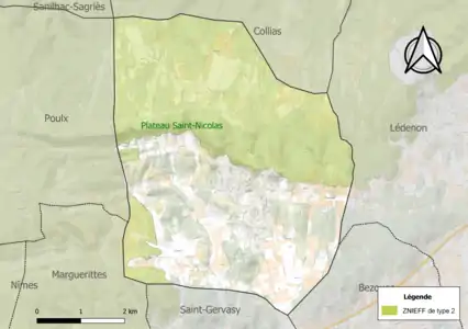 Carte de la ZNIEFF de type 2 sur la commune.