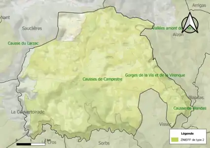 Carte des ZNIEFF de type 2 sur la commune.