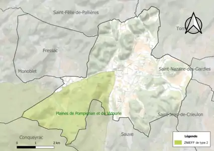 Carte de la ZNIEFF de type 2 sur la commune.