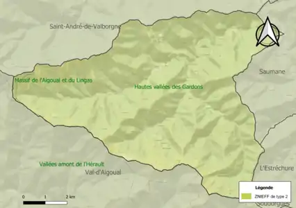 Carte de la ZNIEFF de type 2 sur la commune.