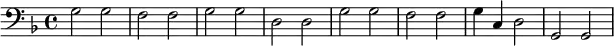 \version "2.18.2"
\new Staff {
\clef bass \key d \minor
g2 g f f g g d d g g f f g4 c d2 g,2 g,
}