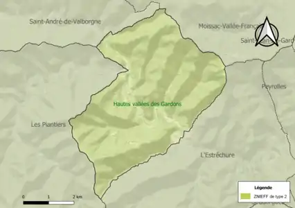 Carte de la ZNIEFF de type 2 sur la commune.