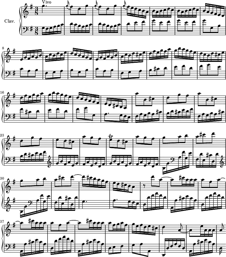 \version "2.18.2"
\header {
  tagline = ##f
  % composer = "Domenico Scarlatti"
  % opus = "K. 125"
  % meter = "Allegro"
}
%% les petites notes
trillBesp     = { \tag #'print { bes4.\prall } \tag #'midi { c32 bes c bes~ bes4 } }
upper = \relative c'' {
  \clef treble 
  \key g \major
  \time 3/8
  \tempo 4. = 82
  \set Staff.midiInstrument = #"harpsichord"
  \override TupletBracket.bracket-visibility = ##f
      s8*0^\markup{Vivo}
      g'4. | \repeat unfold 2 { \appoggiatura g16 fis8 d g } | \appoggiatura g16 fis16 e d c b a | b a b c d c |
      % ms. 6
      b16 a b c d c | b a g fis e d | e g fis a g b | a c b d c e | d c b a g fis |  e g fis a g b |
      % ms. 12
      a16 c b d cis e | d fis e g fis a | g b a g fis e | d c b d cis e | d fis e g fis a | g b a g fis e |
      % ms. 18
      d16 c b a g fis e d cis b a8 | \repeat unfold 2 { a''8 b, cis | d g fis } | 
      % ms. 24
      e8 d cis | a' g fis | e\trill d8 cis a' g fis | \repeat unfold 2 { g8 a b |
      % ms. 29
      a cis d~ } | d16 cis b a g fis | e d cis b a8 | r8 d'8 a~ |
      % ms. 35
      a8 cis16 a a a | \repeat unfold 2 { a8 fis a~ a8 cis16 a a a } | a8 fis16 g a fis |
      % ms. 41
      g16 e fis d e cis | d4 a8~ | a8 e'16 a, a a | a8
}
lower = \relative c' {
  \clef bass
  \key g \major
  \time 3/8
  \set Staff.midiInstrument = #"harpsichord"
  \override TupletBracket.bracket-visibility = ##f
    % ************************************** \appoggiatura a8  \repeat unfold 2 {  } \times 2/3 { }   \omit TupletNumber 
      g16 fis g a b c | \repeat unfold 2 { d c b a b c } | d8 e fis | \repeat unfold 2 { g e fis } | 
      % ms. 7
      g8 g, b | c a b | fis g a | b g b | c a b | 
      % ms. 12
      fis8 g a | b cis d | e fis d | fis g e | fis cis d | e fis d |
      % ms. 18
      fis8 g g, | a8. g16 fis e | \repeat unfold 2 { fis16 a g b a cis | b d cis e d fis } |   \clef treble 
      % ms. 24
      \repeat unfold 2 { g16 b fis a e g | fis a e g d fis } | \repeat unfold 2 { \clef treble  b,16 g'   \clef bass a, fis' g, e' |
      % ms. 29
      fis,16 d' e, cis' d, d' } | g,4. | a8. g16 fis e | \repeat unfold 3 { d16 d' fis a fis d |
      % ms. 35
      a,16 a' cis e cis a } |
      % ms. 40
      d,8 e fis | g a a, | d,16 d' fis a fis d |  a16 a' cis e cis a | d,
}
thePianoStaff = \new PianoStaff <<
    \set PianoStaff.instrumentName = #"Clav."
    \new Staff = "upper" \upper
    \new Staff = "lower" \lower
  >>
\score {
  \keepWithTag #'print \thePianoStaff
  \layout {
      #(layout-set-staff-size 17)
    \context {
      \Score
     \override SpacingSpanner.common-shortest-duration = #(ly:make-moment 1/2)
      \remove "Metronome_mark_engraver"
    }
  }
}
\score {
  \keepWithTag #'midi \thePianoStaff
  \midi { }
}