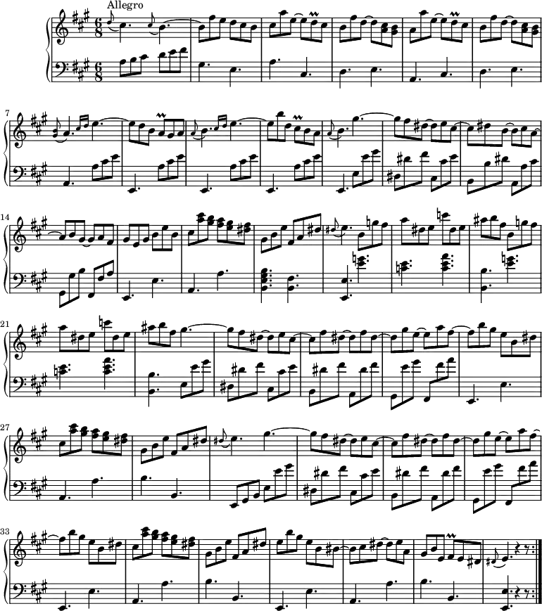 \version "2.18.2"
\header {
  tagline = ##f
  % composer = "Domenico Scarlatti"
  % opus = "K. 269"
  % meter = "Allegro"
}
%% les petites notes
appoA       = { \tag #'print { \appoggiatura < gis b >8 a4. } \tag #'midi { < gis b >4   \tempo 4. = 35 a8   \tempo 4. = 82 } }
appoE       = { \tag #'print { \appoggiatura dis8 e4. } \tag #'midi { dis4  \tempo 4. = 35 e8   \tempo 4. = 82 } }
appoEsa     = { \tag #'print { \appoggiatura dis8 e4. } \tag #'midi { dis4  \tempo 4. = 60 e8   \tempo 4. = 82 } }
trillDq     = { \tag #'print { d8\prall } \tag #'midi { e32 d e d } }
trillAq     = { \tag #'print { a8\prall } \tag #'midi { b32 a b a } }
trillCisq   = { \tag #'print { cis8\prall } \tag #'midi { d32 cis d cis } }
trillFisq   = { \tag #'print { fis8\prall } \tag #'midi { gis32 fis gis fis } }
appoB       = { \tag #'print { \appoggiatura a8 b4. } \tag #'midi { a4  \tempo 4. = 35 b8   \tempo 4. = 82 } }
upper = \relative c'' {
  \clef treble 
  \key a \major
  \time 6/8
  \tempo 4. = 82
  \set Staff.midiInstrument = #"harpsichord"
  \override TupletBracket.bracket-visibility = ##f
  \repeat volta 2 {
      s8*0^\markup{Allegro}
      \appoggiatura d8 cis4. \appoggiatura cis8 b4.~ | b8 fis' e d cis b | cis a' e~ e \trillDq cis8 | b fis' d~ d < a cis >8 < gis b > |
      % ms. 5
      a8 a' e~ e \trillDq cis8 | b fis' d~ d < a cis >8 < gis b > | \appoA \grace {   \tempo 4. = 56 cis16 d } \tempo 4. = 82 e4.~ | e8 d b \trillAq gis a \appoB \grace {   \tempo 4. = 56 cis16 d } \tempo 4. = 82 e4.~
      % ms. 10
      e8 b' d, \trillCisq b8 a | \appoB gis'4.~ | gis8 fis dis~ dis e cis~ | cis dis b~ b cis a~ | a b gis~ gis a fis |
      % ms. 15
      gis8 e gis b e b | cis < a' cis >8 < gis b > < fis a > < e gis > < dis fis > | gis,8 b e fis, a dis | \appoE \repeat unfold 2 { b8 g' fis | a dis, e c' dis, e |
      % ms. 20
      ais8 b fis } gis4.~ | gis8 fis dis~ dis e cis~ | cis fis dis~ dis fis dis~ |
      % ms. 25
      dis8 gis e~ e a fis~ | fis b gis e b dis | cis < a' cis >8 < gis b > < fis a > < e gis > < dis fis > | gis,8 b e fis, a dis | \appoEsa gis4.~ |
      % ms. 30
      gis8 fis dis~ dis e cis~ | cis fis dis~ dis fis dis~ | dis gis e~ e a fis~ | fis b gis e b dis | cis < a' cis >8 < gis b > < fis a > < e gis > < dis fis > |
      % ms. 35
       gis,8 b e fis, a dis | e b' gis e b bis~ | bis cis dis~ dis e a, | gis b e, \trillFisq e8 dis | \appoE r4 r8 }%reprise
}
lower = \relative c' {
  \clef bass
  \key a \major
  \time 6/8
  \set Staff.midiInstrument = #"harpsichord"
  \override TupletBracket.bracket-visibility = ##f
  \repeat volta 2 {
    % ************************************** \appoggiatura a16  \repeat unfold 2 {  } \times 2/3 { }   \omit TupletNumber 
           \grace s8 a8 b cis d e fis | gis,4. e | a cis, | d e |
      % ms. 5
      a,4. cis | d e | a, a'8 cis e | \repeat unfold 3 { e,,4. a'8 cis e } | 
      % ms. 11
      e,,4. e'8 e' gis | dis, dis' fis cis, cis' e | b, b' dis a, a' cis | gis, gis' b fis, fis' a |
      % ms. 15
      e,4. e' | a, a' | < b, e gis b >4. < b fis' > | < e, e' >4. \repeat unfold 2 { < e'' g > | < c e > < c e a > |
      % ms. 20 et 22 suite…
      < b, b' >4. } e8 e' gis | dis, dis' fis cis, cis' e | b, dis' fis a,, dis' fis |
      % ms. 25
      gis,,8 e'' gis fis,, fis'' a | e,,4. e' | a, a' | b b, | e,8 gis b e e' gis |
      % ms. 30
      dis,8 dis' fis cis, cis' e | b, dis' fis a,, dis' fis | gis,, e'' gis fis,, fis'' a | \repeat unfold 2 { e,,4. e' | a, a' |
      % ms. 35
      b4. b, } | < e, e' >4. r4 r8 }%reprise
}
thePianoStaff = \new PianoStaff <<
    \set PianoStaff.instrumentName = #"Clav."
    \new Staff = "upper" \upper
    \new Staff = "lower" \lower
  >>
\score {
  \keepWithTag #'print \thePianoStaff
  \layout {
      #(layout-set-staff-size 17)
    \context {
      \Score
     \override SpacingSpanner.common-shortest-duration = #(ly:make-moment 1/2)
      \remove "Metronome_mark_engraver"
    }
  }
}
\score {
  \unfoldRepeats
  \keepWithTag #'midi \thePianoStaff
  \midi { }
}