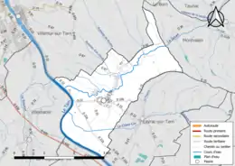 Carte en couleur présentant le réseau hydrographique de la commune