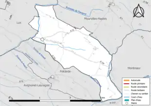 Carte en couleur présentant le réseau hydrographique de la commune