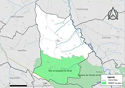 Carte de la ZNIEFF de type 1 sur la commune.
