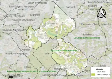 Carte de la ZNIEFF de type 2 sur la commune.