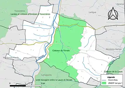 Carte des ZNIEFF de type 1 sur la commune.
