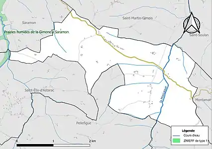 Carte de la ZNIEFF de type 1 sur la commune.