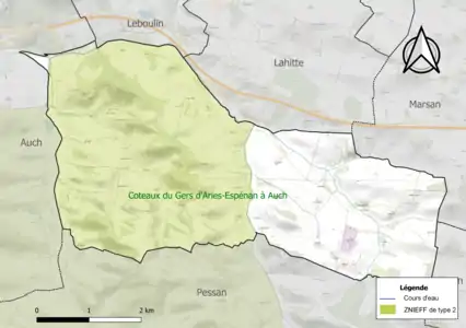 Carte de la ZNIEFF de type 2 sur la commune.