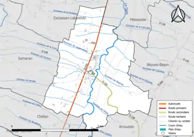 Carte en couleur présentant le réseau hydrographique de la commune
