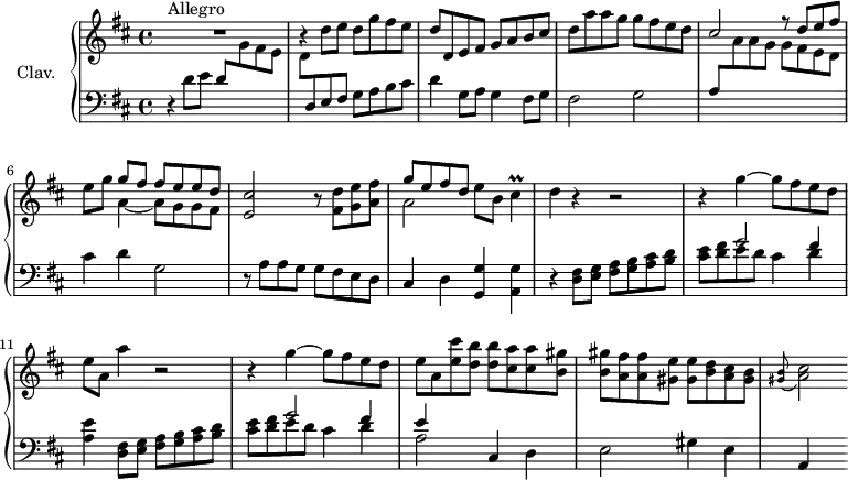 
\version "2.18.2"
\header {
  tagline = ##f
  % composer = "Domenico Scarlatti"
  % opus = "K. 236"
  % meter = "Allegro"
}

%% les petites notes
trillCis        = { \tag #'print { cis4\prall } \tag #'midi { d32 cis d cis~ cis8 } }

upper = \relative c'' {
  \clef treble 
  \key d \major
  \time 4/4
  \tempo 4 = 124
  \set Staff.midiInstrument = #"harpsichord"
  \override TupletBracket.bracket-visibility = ##f

      s8*0^\markup{Allegro}
      R1 | b4\rest d8 e d g fis e | d d, e fis g a b cis |
      % ms. 4
      d a' a g g fis e d | \stemUp cis2 r8 d8 e fis |  \stemNeutral e8 g << { g8 fis fis e e d } \\ { a4~ a8 g g fis } >> | < e cis' >2 r8 < fis d' >8 < g e' > < a fis' >
      % ms. 8
      << { g'8 e fis d } \\ { a2 } >> e'8 b \trillCis | d4 r4 r2 | r4 g4~ g8 fis e d | e a, a'4 | r2 |
      % ms. 12
      r4 g4~ g8 fis e d | e a, < e' cis' >8 < d b' > q < cis a' > q < b gis' > | q < a fis' > q < gis e' > q < b d > < a cis > < gis b > \appoggiatura < gis b >8 < a cis >2
      % ms. 16
      
      % ms. 20
      

}

lower = \relative c' {
  \clef bass
  \key d \major
  \time 4/4
  \set Staff.midiInstrument = #"harpsichord"
  \override TupletBracket.bracket-visibility = ##f

    % ************************************** \appoggiatura a16  \repeat unfold 2 {  } \times 2/3 { }   \omit TupletNumber 
      r4 d8 e d \stemDown \change Staff = "upper"  g fis e | d \stemNeutral \change Staff = "lower" d, e fis g a b cis | d4 g,8 a g4 fis8 g |
      % ms. 4
      fis2 g | a8 \stemDown \change Staff = "upper"  a' a g g fis e d  | \stemNeutral \change Staff = "lower" cis4 d g,2 | r8 a8 a g g fis e d |
      % ms. 8
      cis4 d < g, g' >4 < a g' > | r4 < d fis >8 < e g > < fis a > < g b > < a cis > < b d > | << { s4 g'2 fis4 } \\ { < cis e >8 < d fis > e d cis4 d } >> | < a e' >4  < d, fis >8 < e g > < fis a > < g b > < a cis > < b d > |
      % ms. 12
       << { s4 g'2 fis4 | e } \\ { < cis e >8 < d fis > e d cis4 d | a2 } >> cis,4 d | e2 gis4 e | a,4 s4
      % ms. 16
      
      % ms. 20
      

}

thePianoStaff = \new PianoStaff <<
    \set PianoStaff.instrumentName = #"Clav."
    \new Staff = "upper" \upper
    \new Staff = "lower" \lower
  >>

\score {
  \keepWithTag #'print \thePianoStaff
  \layout {
      #(layout-set-staff-size 17)
    \context {
      \Score
     \override SpacingSpanner.common-shortest-duration = #(ly:make-moment 1/2)
      \remove "Metronome_mark_engraver"
    }
  }
}

\score {
  \keepWithTag #'midi \thePianoStaff
  \midi { }
}
