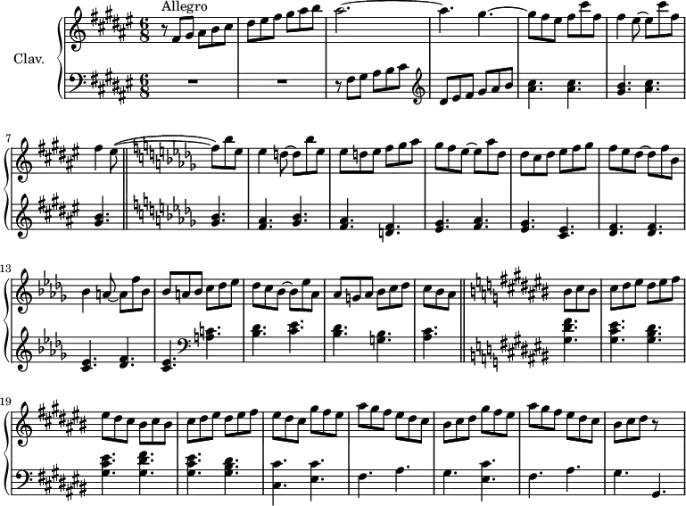 \version "2.18.2"
\header {
  tagline = ##f
}
%% les petites notes
trillD     = { \tag #'print { d8\trill } \tag #'midi { \times 2/3 { e32 d e } d16 } }
{ \tag #'print {  } \tag #'midi {  } }
upper = \relative c' {
  \clef treble 
  \key fis \major
  \time 6/8
  \tempo 4. = 92
  \set Staff.midiInstrument = #"harpsichord"
    r8^\markup{Allegro} fis gis ais b cis | dis eis fis gis ais b | ais2.~ | ais4. gis~ | gis8 fis eis fis cis' fis, | 
    % ms. 6
    fis4 eis8~ eis cis' fis, | fis4 { \tag #'print { eis8~( \bar "||" \key des \major f8) } \tag #'midi { eis8~ eis } } bes' ees, | ees4 d8~ d bes' ees, | ees d ees f ges aes | ges f ees~ ees aes  des, | 
    % ms. 11
    des8 c des ees f ges | f ees des~ des f bes, | bes4 a8~ a f' bes, | bes a bes c des ees | des c bes~ bes ees aes, | aes g aes bes c des |
    % ms. 17
    c bes aes  \bar "||"  \key cis \major bis8 cis bis | cis dis eis dis eis fis | eis dis cis bis cis bis | cis dis eis dis eis fis | eis dis cis gis' fis eis | 
    % ms. 22 
    ais8 gis fis eis dis cis | bis cis dis gis fis eis | ais8 gis fis eis dis cis | bis cis dis r8 s4 % gis dis | 
}
lower = \relative c {
  \clef bass
  \key fis \major
  \time 6/8
  \set Staff.midiInstrument = #"harpsichord"
  %\override TupletBracket.bracket-visibility = ##f
    % **************************************
    R2.*2 r8 fis gis ais b cis | \clef treble  dis eis fis gis ais b | < ais cis >4. q < gis b > < ais cis > < gis b > | 
    % ms. 8
    \key des \major
    \repeat unfold 2 { < ges bes >4. < f aes > } < d f >4. < ees ges > < f aes > < ees ges > < c ees > < des f > q < c ees > < des f > < c ees >   \clef bass < a c! > < bes des > < c ees > < bes des > < g bes > | 
    % ms. 17
    < aes c >4.  \bar "||"  \key cis \major < gis dis' fis >4. | < gis cis eis > < gis bis dis > | < gis cis eis > < gis dis' fis > | < gis cis eis > < gis bis dis > < cis, cis' >4. < eis cis' > |
    % ms. 22
    fis4. ais gis < eis cis' > fis ais gis gis, |
    
}
thePianoStaff = \new PianoStaff <<
    \set PianoStaff.instrumentName = #"Clav."
    \new Staff = "upper" \upper
    \new Staff = "lower" \lower
  >>
\score {
  \keepWithTag #'print \thePianoStaff
  \layout {
      #(layout-set-staff-size 17)
    \context {
      \Score
     \override SpacingSpanner.common-shortest-duration = #(ly:make-moment 1/2)
      \remove "Metronome_mark_engraver"
    }
  }
}
\score {
  \keepWithTag #'midi \thePianoStaff
  \midi { }
}