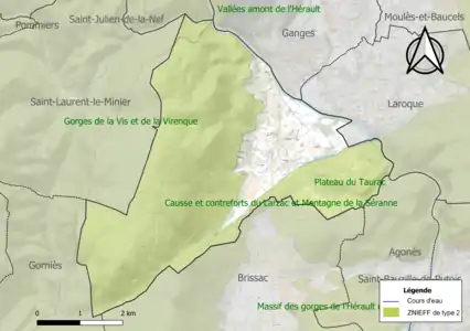 Carte des ZNIEFF de type 2 sur la commune.