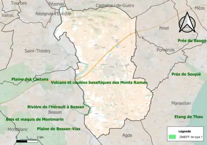 Carte de la ZNIEFF de type 1 sur la commune.