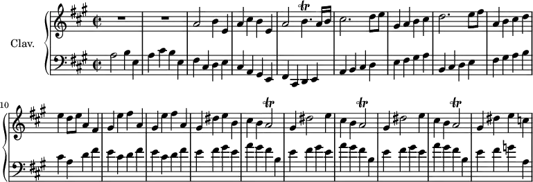 \version "2.18.2"
\header {
  tagline = ##f
  % composer = "Domenico Scarlatti"
  % opus = "K. 83"
  % meter = "Allegro"
}
%% les petites notes
trillBp       = { \tag #'print { b4.\trill } \tag #'midi { cis32 b cis b~ b4 } }
trillAb       = { \tag #'print { a2\trill } \tag #'midi { b32 a b a~ a8~ a4 } }
upper = \relative c'' {
  \clef treble 
  \key a \major
  \time 2/2
  \tempo 2 = 88
  \set Staff.midiInstrument = #"harpsichord"
  \override TupletBracket.bracket-visibility = ##f
      %s8*0^\markup{Allegro}
      R1*2 | a2 b4 e, | a cis b e, |
      % ms. 5
      a2 \trillBp a16 b | cis2. d8 e | gis,4 a b cis | d2. e8 fis | a,4 b cis d |
      % ms. 10
      e4 d8 e a,4 fis | \repeat unfold 2 { gis4 e' fis a, } | gis4 dis' e b | cis b \trillAb 
      % ms. 15
      \repeat unfold 2 { gis4 dis'2 e4 | cis b \trillAb } | gis4 dis' e c |
}
lower = \relative c' {
  \clef bass
  \key a \major
  \time 2/2
  \set Staff.midiInstrument = #"harpsichord"
  \override TupletBracket.bracket-visibility = ##f
    % ************************************** 
      a2 b4 e, | a cis b e, | fis cis d e | cis a gis e |
      % ms. 5
      fis4 cis d e | a b cis d | e fis gis a | b, cis d e | fis gis a b |
      % ms. 10
      cis4 a d fis | \repeat unfold 2 { e cis d fis } | \repeat unfold 3 { e4 fis gis e | a gis fis b, } | e4 fis g a, |
      % ms. 15
      
}
thePianoStaff = \new PianoStaff <<
    \set PianoStaff.instrumentName = #"Clav."
    \new Staff = "upper" \upper
    \new Staff = "lower" \lower
  >>
\score {
  \keepWithTag #'print \thePianoStaff
  \layout {
      #(layout-set-staff-size 17)
    \context {
      \Score
     \override SpacingSpanner.common-shortest-duration = #(ly:make-moment 1/2)
      \remove "Metronome_mark_engraver"
    }
  }
}
\score {
  \keepWithTag #'midi \thePianoStaff
  \midi { }
}