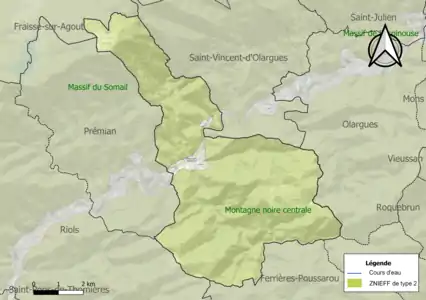 Carte des ZNIEFF de type 2 sur la commune.