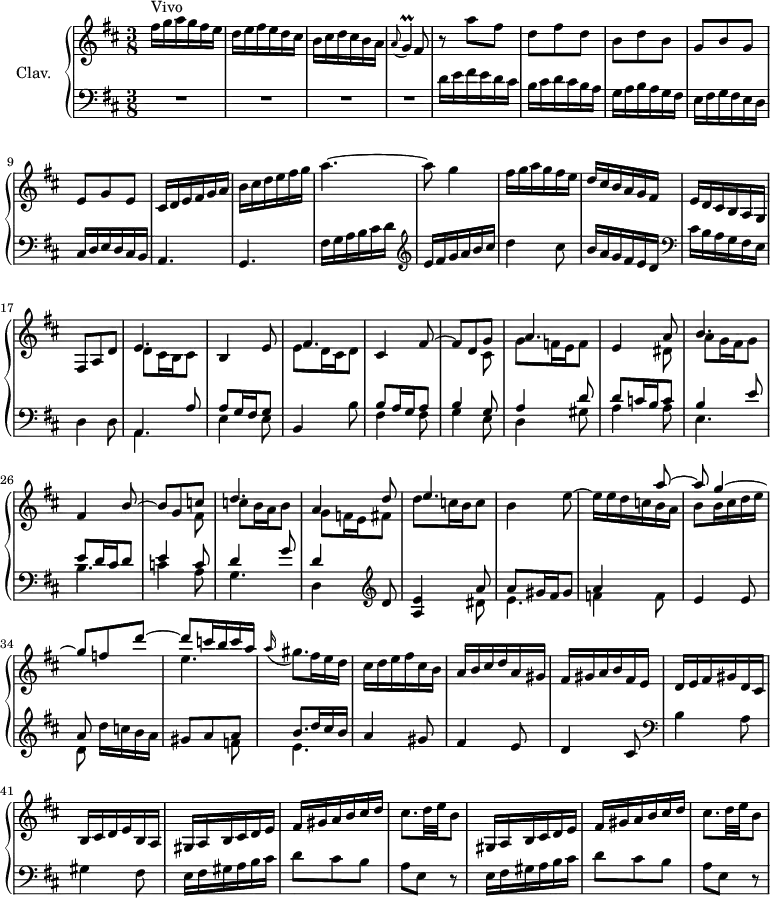 \version "2.18.2"
\header {
  tagline = ##f
  % composer = "Domenico Scarlatti"
  % opus = "K. 224"
  % meter = "Vivo"
}
%% les petites notes
trillG       = { \tag #'print { g4\prall } \tag #'midi { a32 g a g~ g8 } }
upper = \relative c'' {
  \clef treble 
  \key d \major
  \time 3/8
  \tempo 4. = 72
  \set Staff.midiInstrument = #"harpsichord"
  \override TupletBracket.bracket-visibility = ##f
      s8*0^\markup{Vivo}
      fis16 g a g fis e | d e fis e d cis | b cis d cis b a | \appoggiatura a8 \trillG   \tempo 4. = 56 fis8   \tempo 4. = 72 | r8 a'8 fis | d fis d |
      % ms. 7
      b d b | g b g | e g e | cis16 d e fis g a  | b cis d e fis g | a4.~ |
      % ms. 13
      a8 g4 | fis16 g a g fis e | d cis b a g fis | e d cis b a g | fis8 a d | << { e4. } \\ { d8 cis16 b cis8 } >>
      % ms. 19
      b4 e8 | << { fis4. } \\ { e8 d16 cis d8 } >> | cis4 << { fis8~ | fis d g | a4. | e4 a8 | b4. } \\ { s8 | s4 cis,8 | g' f!16 e f8 | s4 dis8 | a'8 g16 fis g8 } >> 
      % ms. 26
      fis4 << { b8~ | b g c! | d4. | a4 d8 | e4. } \\ { s8 | s4 fis,8 | c'8 b16 a b8 | g f!16 e fis8 | d'8 c!16 b c8 } >> |
      % ms. 31
      b4 << { s8 | s4 a'8~ | a g4~ | g8 f d'~ | d c!16 b c a } \\ { e8^~ | e16 e d c b a | b8 b16 cis d e | s4. | e4. } >> | 
      \appoggiatura a16 gis8. fis16 e d | cis d e fis cis b | a b cis d a gis |
      % ms. 39
      fis16 gis a b fis e | d e fis gis d cis | b cis d e b a | \repeat unfold 2 { gis a b cis d e | fis gis a b cis d | cis8. d32 e b8 }
}
lower = \relative c' {
  \clef bass
  \key d \major
  \time 3/8
  \set Staff.midiInstrument = #"harpsichord"
  \override TupletBracket.bracket-visibility = ##f
    % ************************************** \appoggiatura a16  \repeat unfold 2 {  } \times 2/3 { }   \omit TupletNumber 
      R4.*4 | d16 e fis e d cis | b cis d cis b a | 
      % ms. 7
      g16 a b a g fis | e fis g fis e d | cis d e d cis b | a4. | g | fis'16 g a b cis d   \clef treble  |
      % ms. 13
      e16 fis g a b cis | d4 cis8 | b16 a g fis e d   \clef bass | cis b a g fis e | d4 d8 |
      % ms. 18
      << { a4 a'8 | a g16 fis g8 } \\ { \mergeDifferentlyDottedOn a,4. | e'4 e8 } >> | b4 b'8 |
      << { b8 a16 g a8  | b4 g8 | a4 d8 | d c!16 b c8 | b4 e8 } \\ { fis,4 fis8 | g4 e8 | d4 gis8 | a4 a8 | e4. } >>
      % ms. 26
      << { e'8 d16 cis d8 | e4 c8 | d4 g8 | d4 } \\ { b4. | c!4 a8 | g4. | d4 } >>  \clef treble   d'8 | 
      < a e' >4 << { a'8 | a gis16 fis gis8 | a4 } \\ { dis,8 | e4. | f4 f8 } >>
      % ms. 33
      e4 e8 | << { a8 } \\ { d,8 } >> d'16 c b a | << { gis8 a a | b8. d16 cis b } \\ { s4 f8 | e4. } >> | a4 gis8 | fis4 e8 |
      % ms. 39
      d4 cis8  \clef bass  | b4 a8 | gis4 fis8 |
      \repeat unfold 2 { e16 fis gis a b cis | d8 cis b | a e r8 }
}
thePianoStaff = \new PianoStaff <<
    \set PianoStaff.instrumentName = #"Clav."
    \new Staff = "upper" \upper
    \new Staff = "lower" \lower
  >>
\score {
  \keepWithTag #'print \thePianoStaff
  \layout {
      #(layout-set-staff-size 17)
    \context {
      \Score
     \override SpacingSpanner.common-shortest-duration = #(ly:make-moment 1/2)
      \remove "Metronome_mark_engraver"
    }
  }
}
\score {
  \keepWithTag #'midi \thePianoStaff
  \midi { }
}