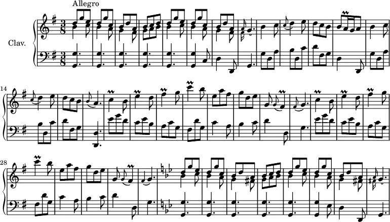 \version "2.18.2"
\header {
  tagline = ##f
}
% petites notes
prallAsz = { \tag #'print { a16\prall } \tag #'midi { \times 2/3 { a32 b a } } }
prallC = { \tag #'print { c4\prall } \tag #'midi { d32 c d c~ c8 } }
prallE = { \tag #'print { e4\prall } \tag #'midi { fis32 e fis e~ e8 } }
prallFis = { \tag #'print { fis4\prall } \tag #'midi { g32 fis g fis~ fis8 } }
upper = \relative c'' {
  \clef treble 
  \key g \major
  \time 3/8
  \tempo 4. = 82
  \set Staff.midiInstrument = #"harpsichord"
    << { d8^\markup{Allegro} g e  | d g c, | b d a | b c \tempo 4. = 70 d | \tempo 4. = 82 d g e  | d g c, | b d a } \\ { b4 c8 | b4 a8 | g4 fis8 | g a b | b4 c8 | b4 a8 | g4 fis8 } >>
    % ms. 8
    \acciaccatura { << { a16( } \\ { fis16( } >> } g4.) | b4 c8 | \appoggiatura c8 d4 e8 | d c b | b8 \prallAsz g16 a8 | b4 c8 | \appoggiatura c8 d4 e8 | d c b | \appoggiatura b8 a4. | \prallC b8 | \prallE d8 | \prallFis g8 | \prallC b8 | e,8 a fis | g d e | 
    % ms. 23
    g,8 \appoggiatura g8 \prallFis | \appoggiatura fis8 g4. | \prallC b8 | \prallE d8 | \prallFis g8 | \prallC b8 | e,8 a fis | g d e | 
    % ms. 31
    g,8 \appoggiatura g8 fis4\prall | \appoggiatura fis4 g4. | \key g \minor  << { d'8 g ees  | d g c, | bes d a | bes c \tempo 4. = 70 d | \tempo 4. = 82 d g ees  | d g c, | bes d a } \\ { bes4 c8 | bes4 a8 | g4 fis8 | g a bes | bes4 c8 | bes4 a8 | g4 fis8 } >>
    % ms. 40
    \acciaccatura { << { a16( } \\ { fis16( } >> } g4.) | 
}
lower = \relative c' {
  \clef bass
  \key g \major
  \time 3/8
  \set Staff.midiInstrument = #"harpsichord"
    % **************************************
    \repeat unfold 5 { < g, g' >4. } < g g' >4 c8 | d4 d,8 | g4. | g'8 d a' | b d, c' | d fis, g | d4 d,8 | g'8 d a' | b d, c' |
    % ms. 15
    d8 fis, g | < d, d' >4. | \repeat unfold 2 { e''8 g d | c e b | a c g | fis d' g, | c4 a8 | b4 c8 | 
    % ms. 23
    d4 d,8 | g4. } |  \key g \minor  \repeat unfold 5 { < g, g' >4. } < g g' >4 ees'8 | d4 d,8 | g4. 
}
thePianoStaff = \new PianoStaff <<
    \set PianoStaff.instrumentName = #"Clav."
    \new Staff = "upper" \upper
    \new Staff = "lower" \lower
  >>
\score {
  \keepWithTag #'print \thePianoStaff
  \layout {
      #(layout-set-staff-size 17)
    \context {
      \Score
     \override SpacingSpanner.common-shortest-duration = #(ly:make-moment 1/2)
      \remove "Metronome_mark_engraver"
    }
  }
}
\score {
  \keepWithTag #'midi \thePianoStaff
  \midi { }
}