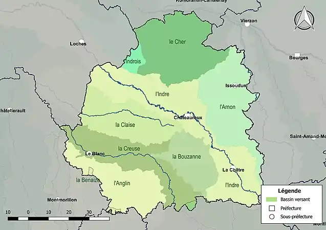 Les principaux bassins versants du département de l'Indre.