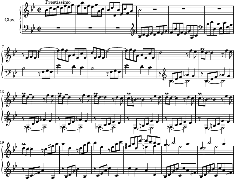 \version "2.18.2"
\header {
  tagline = ##f
}
%% les petites notes
trillEes = { \tag #'print { ees8\prall } \tag #'midi {   \tempo 2 = 75 f32 ees f ees   \tempo 2 = 95 } }
trillC = { \tag #'print { c8\prall } \tag #'midi { \tempo 2 = 75 d32 c d c \tempo 2 = 95 } }
trillD = { \tag #'print { d8\prall } \tag #'midi { \tempo 2 = 75 ees32 d ees d \tempo 2 = 95 } }
upper = \relative c'' {
  \clef treble 
  \key bes \major
  \time 2/2
  \tempo 2 = 95
  \set Staff.midiInstrument = #"harpsichord"
    s8*0^\markup{Prestissimo}
    bes8 d c ees d f ees g | f bes d, f ees g a, c | bes d d, bes' ees, c' f, a | bes2 r2 | R1*2 | 
    % ms. 7
    r8 f8 g f f'2~ | f8 g f a, bes f c' f, | d' f,8 g f f'2~ | f8 g f a, bes f c' f, | d'2 \repeat unfold 4 { r8 f4 ees8 | \trillEes d8~ d4 } \repeat unfold 2 { r8 d4 c8 | \trillC b8~ b4 r8 ees4 d8 | \trillD c8~ c4 }
    % ms. 19 b
    r8 c8 fis a | a4 d, r8 d8 g bes | bes4 ees, r8 ees8 a c | << { fis,8 a d, d'~ d c bes a | g4 bes2 a4 | d,4 bes'2 a4 } \\ { s2 e4 fis | g2 ees d ees } >>
    % ms. 25
    
}
lower = \relative c' {
  \clef bass
  \key bes \major
  \time 2/2
  \set Staff.midiInstrument = #"harpsichord"
    % **************************************
    R1*3  \clef treble bes8 d c ees d f ees g | f bes d, f ees g a, c |  \clef bass bes d d, bes' ees, c' f, a | bes2  r8 f8 g f | ees'2 d4 c | bes2 r8 f8 g f | ees'2 d4 c | 
    % ms. 9
    \mergeDifferentlyDottedOn
    \repeat unfold 2 { r8 \clef treble << { bes8 d f aes4 g } \\ { \relative c' { bes4.~ bes2 } } >> } | \repeat unfold 2 { r8 << { aes,8 d f aes4 g } \\ { \relative c' { aes4.~ aes2 } } >> } | \repeat unfold 2 { r8 << { aes,8 c d f4 ees } \\ { \relative c' { aes4.~ aes2 } } >> | r8 << { g,8 b d g4 f } \\ { g,4.~ g2 } >> }
    % ms. 19
    r8 a8 c fis a4 a, | r8 bes8 d g bes4 bes, | r8 c8 ees a c4 c, | c' bes a d, | \repeat unfold 2 { bes8 d g bes c, c' a fis } | 
}
thePianoStaff = \new PianoStaff <<
    \set PianoStaff.instrumentName = #"Clav."
    \new Staff = "upper" \upper
    \new Staff = "lower" \lower
  >>
\score {
  \keepWithTag #'print \thePianoStaff
  \layout {
      #(layout-set-staff-size 17)
    \context {
      \Score
     \override SpacingSpanner.common-shortest-duration = #(ly:make-moment 1/2)
      \remove "Metronome_mark_engraver"
    }
  }
}
\score {
  \keepWithTag #'midi \thePianoStaff
  \midi { }
}