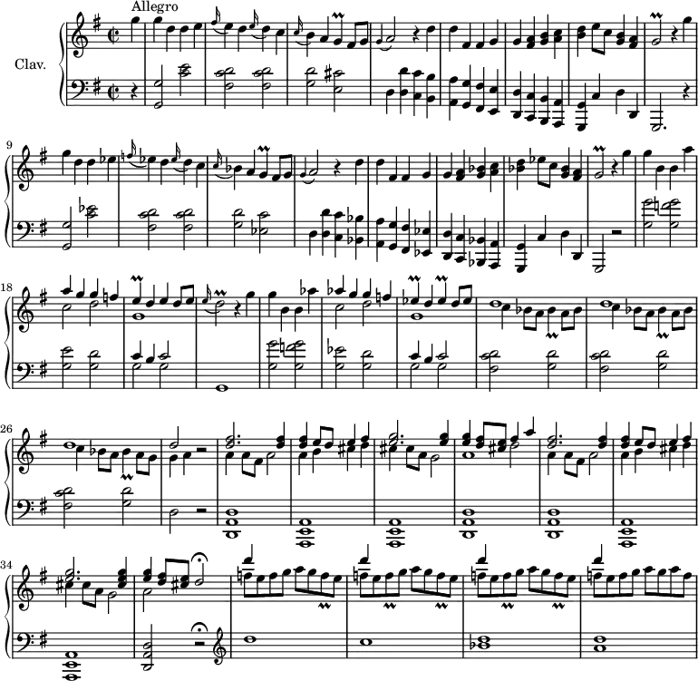 \version "2.18.2"
\header {
  tagline = ##f
  % composer = "Domenico Scarlatti"
  % opus = "K. 470"
  % meter = "Allegro"
}
%% les petites notes
trillG     = { \tag #'print { g4\prall } \tag #'midi { a32 g a g~ g8 } }
trillGb    = { \tag #'print { g2\prall } \tag #'midi { a32 g a g~ g4. } }
trillE     = { \tag #'print { e4\prall } \tag #'midi { f32 e f e~ e8 } }
trillEes   = { \tag #'print { ees4\prall } \tag #'midi { f32 ees f ees~ ees8 } }
trillDb    = { \tag #'print { d2\prall } \tag #'midi { e32 d e d~ d4. } }
trillBes   = { \tag #'print { bes4\prall } \tag #'midi { c32 bes c bes~ bes8 } }
trillFq    = { \tag #'print { f8\prall } \tag #'midi { g32 f g f } }
upper = \relative c'' {
  \clef treble 
  \key g \major
  \time 2/2
  \tempo 2 = 92
  \set Staff.midiInstrument = #"harpsichord"
      s8*0^\markup{Allegro}
      \partial 4
      g'4 | g d d e | \appoggiatura fis16 e4 d \appoggiatura e16 d4 c | \appoggiatura c16 b4 a \trillG fis8 g | \appoggiatura g4 a2  r4 d4 | d fis, fis g |
      % ms. 6
      g4 < fis a > < g b > < a c > | < b d > e8 c < g b >4 < fis a > | \trillGb r4
      g'4 | g d d ees | \appoggiatura f16 ees4 d \appoggiatura ees16 d4 c | \appoggiatura c16 bes4 a \trillG fis8 g |
      % ms. 12
      \appoggiatura g4 a2  r4 d4 | d fis, fis g | g4 < fis a > < g bes > < a c > | < bes d > ees8 c < g bes >4 < fis a > | \trillGb r4 g'4 | g b, b a' | 
      % ms. 18
      << { a4 g g f | \trillE d e d8 e } \\ { c2 d | g,1 } >> \appoggiatura e'16 \trillDb r4 g4 | g b, b aes' |
      << { aes4 g g f | \trillEes d \trillEes d8 ees } \\ { c2 d | g,1 } >>
      % ms. 24
      \repeat unfold 2 { << { d'1 } \\ { c4 bes8 a \trillBes a8 bes } >> } | << { d1 | d2 } \\ { c4 bes8 a \trillBes a8 g | g4 a } >> r2
      % ms. 28
      << { < d fis >2. q4 | q e8 d e4 fis | < e g >2. q4 | q < d fis >8 < cis e > fis4 a } \\ { s1*3 s2 d,2 }
      \\ { \stemDown a4 a8 fis a2 | a4 b cis d | cis cis8 a g2 | a1 } >>
      % ms. 32
       << { < d fis >2. q4 | q e8 d e4 fis | < e g >2. < cis e g >4 | < e g >4 < d fis >8 < cis e > d2\fermata } 
      \\ { a4 a8 fis a2 | a4 b cis d | cis cis8 a g2 | a2  } >>
      % ms. 36
      << { \repeat unfold 4 { d'4 s2. } } 
      \\ { f,8 e f g a g \trillFq e | \repeat unfold 2 { f8 e \trillFq g8 a g \trillFq e } | f8 e f g a g a f } >>
      % ms. 39
      
}
lower = \relative c' {
  \clef bass
  \key g \major
  \time 2/2
  \set Staff.midiInstrument = #"harpsichord"
    % ************************************** \appoggiatura a16 e4 \repeat unfold 2 {  } \times 2/3 { }   \omit TupletNumber 
      r4 | < g, g' >2 < c' e > | < fis, c' d > q | < g d' > < e cis' > | d4 < d d' > < c c' > < b b' > | < a a' > < g g' > < fis fis' > < e e' > | 
      % ms. 6
      < d d' >4 < c c' > < b b' > < a a' > | < g g' > c' d d, | g,2. r4 | < g' g' >2 < c' ees > | < fis, c' d > q | < g d' > < ees c' >
      % ms. 12
      d4 < d d' > < c c' > < bes bes' > | < a a' > < g g' > < fis fis' > < ees ees' > | < d d' >4 < c c' > < bes bes' > < a a' > | < g g' > | c' d d, | g,2 r2 | < g'' g' >2 < g f' g >
      % ms. 18
      < g e' >2 < g d' > | << { c4 b c2 } \\ { g2 g } >> | g,1 | < g' g' >2 < g f' g > | < g ees' >2 < g d' > | << { c4 b c2 } \\ { g2 g } >> |
      % ms. 24
      \repeat unfold 3 { < fis c' d >2 < g d' > } | d2 r2 | 
      % ms. 28
      < d, a' d >1 | < a e' a > q | < d a' d > q < a e' a > q < d a' d >2 r2\fermata
      % ms. 36
        \clef treble  d'''1 c < bes d > | < a d >
}
thePianoStaff = \new PianoStaff <<
    \set PianoStaff.instrumentName = #"Clav."
    \new Staff = "upper" \upper
    \new Staff = "lower" \lower
  >>
\score {
  \keepWithTag #'print \thePianoStaff
  \layout {
      #(layout-set-staff-size 17)
    \context {
      \Score
     \override TupletBracket.bracket-visibility = ##f
     \override SpacingSpanner.common-shortest-duration = #(ly:make-moment 1/2)
      \remove "Metronome_mark_engraver"
    }
  }
}
\score {
  \keepWithTag #'midi \thePianoStaff
  \midi { }
}