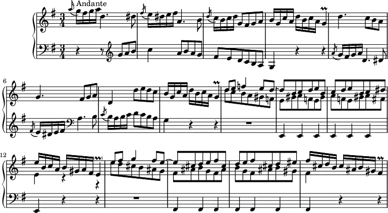 \version "2.18.2"
\header {
  tagline = ##f
}
%% les petites notes
trillG = { \tag #'print { g4\prall } \tag #'midi { a32 g a g~ g8 } }
trillEpar = { \tag #'print { e4-\parenthesize\prall } \tag #'midi { fis32 e fis e~ e8 } }
trillFis = { \tag #'print { fis4\prall } \tag #'midi { gis32 fis gis fis gis fis~ fis16 } }
 
% \acciaccatura % avec trait
% \appoggiatura % sans trait
upper = \relative c'' {
  \clef treble 
  \key g \major
  \time 3/4
  \tempo 4 = 76
  \set Staff.midiInstrument = #"harpsichord"
     % \acciaccatura a'16 
    \appoggiatura a'16 g16^\markup{Andante} fis g a d,4. dis8 | \acciaccatura fis16 e dis16 e fis a,4. b8 | \acciaccatura d16 c16 b c d g,8 fis g a | 
     % ms. 4
     b16 g c a  d b c a \trillG | d'4. c8 b a | g4. fis8 g a | d,4 d'8 e d c | 
     % ms. 8
     b16 g c a  d b c a \trillG | << { d'8 e f4 e8 d~ | d b c d e b | c d e b c dis } \\ { d8 c b a gis f | e gis a f e gis | a f e gis a fis } >>
     % ms. 12
     << { e'16 b c a b gis a fis \trillEpar } \\ { e4 r4 r4 } >> | << { e'8 fis g4 fis8 e~ | e cis d e fis cis | d e fis cis d eis } \\ { e8 d  cis b  ais g | fis ais  b g  fis ais | b g fis ais b gis } >>
     % ms. 16
     << { fis'16 cis d b  cis ais b gis \trillFis } \\ { fis4 } >>
}
lower = \relative c' {
  \clef bass
  \key g \major
  \time 3/4
  \set Staff.midiInstrument = #"harpsichord"
    % **************************************
     \grace s16 r4 r8   \clef treble  g'8 a b | c4 { \tag #'print { a8 } \tag #'midi { s8 } } b a g | fis e d c b a |
     % ms. 4
     g4 r4 r4 | \acciaccatura a'8 g16 fis g a d,4. dis8 | \acciaccatura fis8 e16 dis e fis   \clef bass a,4. b8 | \acciaccatura c8 b16 a b c d8 c b a | 
     % ms. 8
     g4 r4 r4 | R2. | \repeat unfold 7 { e,4 } r4 r4 | R2. | \repeat unfold 7 { fis4 } r4 r4 |
}
thePianoStaff = \new PianoStaff <<
    \set PianoStaff.instrumentName = #"Clav."
    \new Staff = "upper" \upper
    \new Staff = "lower" \lower
  >>
\score {
  \keepWithTag #'print \thePianoStaff
  \layout {
      #(layout-set-staff-size 17)
    \context {
      \Score
     \override SpacingSpanner.common-shortest-duration = #(ly:make-moment 1/2)
      \remove "Metronome_mark_engraver"
    }
  }
}
\score {
  \keepWithTag #'midi \thePianoStaff
  \midi { }
}