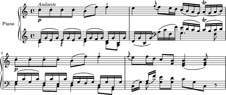 \version "2.18.2"
\header {
  tagline = ##f
}
upper = \relative c' {
  \clef treble 
  \key c \major
  \time 4/4
  \tempo "Andante"
  \tempo 4 = 65
  %\autoBeamOff
  c'8-. \p ^\markup { \italic {Andante } } c-. c-. c-. b (f') f4-!
  e \grace g16 (f8) e16 d c (b a g) a\trill (g a b)
   c8-. \p  c-. c-. c-. b (f') f4-!
  \grace f16 (e8) f16 d c8 <f, b> <d f b>4 (<e g c>8)
}
lower = \relative c {
   \clef bass
   \key c \major
   \time 4/4
   \clef treble
   \set Staff.midiMinimumVolume = #0.2 \set Staff.midiMaximumVolume = #0.5
  << { \stemDown c'4 a \rest d b8 g} \\ {\stemUp  e'16 ^(g e g) e ^(g e g) f ^(g f g) d g b, g'} >>
  d (g b, g')  \clef bass a, (c f, f')
  << { \stemDown  g,4. f8 e4 d8 c d4 b8 g} \\ {\stemUp  e''16  ^(d c b) c^ \trill ^ (b c d) g, ^(c g c) f, c' e, c' f, ^(g f g) d g b, g'} >>
  c,16 (g') << { \stemDown f8 } \\ {\stemUp a16 (f')} >> <g, e'>8 <g d'> c g c, r
} 
\score {
  \new PianoStaff <<
    \set PianoStaff.instrumentName = #"Piano"
    \new Staff = "upper" \upper
    \new Staff = "lower" \lower
  >>
  \layout {
    \context {
      \Score
      \remove "Metronome_mark_engraver"
    }
  }
  \midi { }
}