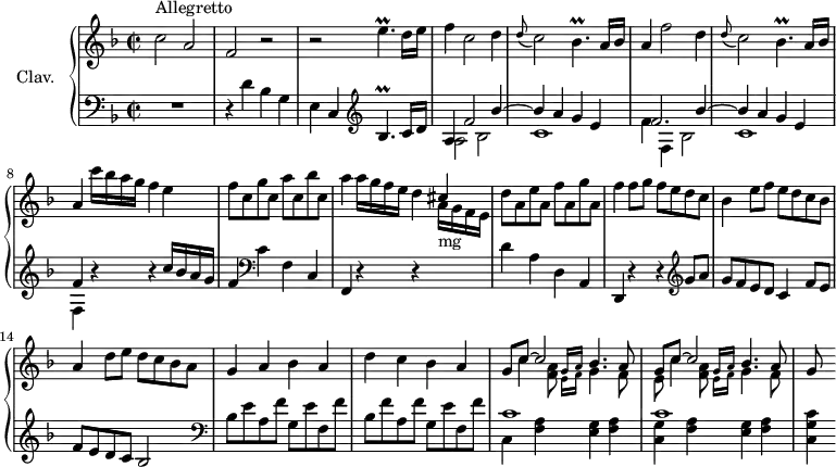 \version "2.18.2"
\header {
  tagline = ##f
  % composer = "Domenico Scarlatti"
  % opus = "K. 554"
  % meter = "Allegretto"
}
%% les petites notes
trillEpUp       = { \tag #'print { e'4.\prall } \tag #'midi { f32 e f e~ e4 } }
trillBespUp     = { \tag #'print { bes'4.\prall } \tag #'midi { c32 bes c bes~ bes4 } }
trillBesp       = { \tag #'print { bes4.\prall } \tag #'midi { c32 bes c bes~ bes4 } }
upper = \relative c'' {
  \clef treble 
  \key f \major
  \time 2/2
  \tempo 2 = 72
  \set Staff.midiInstrument = #"harpsichord"
  \override TupletBracket.bracket-visibility = ##f
      s8*0^\markup{Allegretto}
      c2 a | f r2 | r2 \trillEpUp d16 e | f4 c2 d4 | \appoggiatura d8 c2 \trillBesp a16 bes |
      % ms. 6
      a4 f'2 d4 | \appoggiatura d8 c2 \trillBesp a16 bes | a4 c'16 bes a g f4 e  | f8 c g' c, a' c, bes' c, |
      % ms. 10
      a'4 a16 g f e d4 \stemUp cis |  \stemNeutral d8 a e' a, f' a, g' a, | f'4 f8 g f e d c  | bes4 e8 f e d c bes |
      % ms. 14
      a4 d8 e d c bes a | g4 a bes a | d c bes a | << { \repeat unfold 2 { g8 c~ c2 s4 } } \\ { s2 \stemUp \grace { g16 a } bes4. a8 | s2 \grace { g16 a } bes4. a8 } \\ { \stemDown s8 c4 < f, a  >8 \grace { e16 f } g4. f8 | e8 c'4 < f, a  >8 \grace { e16 f } g4. f8 } >> | g8
      % ms. 18
      
}
lower = \relative c' {
  \clef bass
  \key f \major
  \time 2/2
  \set Staff.midiInstrument = #"harpsichord"
  \override TupletBracket.bracket-visibility = ##f
    % ************************************** \appoggiatura a16  \repeat unfold 2 {  } \times 2/3 { }   \omit TupletNumber 
      R1 | r4 d4 bes g | e c   \clef treble \trillBespUp c16 d | << { a4 f'2 bes4~ | bes a g e | f2. bes4~ | bes a g e | f } \\ { a,2 bes | c1 | f4 f, bes2 | c1 | f,4 } >> 
      % ms. 8 suite
      r4 r4 c''16 bes a g | f4   \clef bass c f, c | 
      % ms. 10
      f,4 r4 r4 \stemDown \change Staff = "upper" a''16-\markup{mg} g f e | \stemNeutral \change Staff = "lower" d4 a d, a | d, r4 r4 \clef treble g''8 a g f e d c4  f8 e | 
      % ms. 14
      f8 e d c bes2 |  \clef bass bes8 e a, f' g, e' f, f' | bes, f' a, f' g, e' f, f' |  << { c1 c1 } \\ { c,4 < f a > < e g > < f a > | < c g' > < f a > < e g > < f a > } >>
      % ms. 19
      < c g' c >
}
thePianoStaff = \new PianoStaff <<
    \set PianoStaff.instrumentName = #"Clav."
    \new Staff = "upper" \upper
    \new Staff = "lower" \lower
  >>
\score {
  \keepWithTag #'print \thePianoStaff
  \layout {
      #(layout-set-staff-size 17)
    \context {
      \Score
     \override SpacingSpanner.common-shortest-duration = #(ly:make-moment 1/2)
      \remove "Metronome_mark_engraver"
    }
  }
}
\score {
  \keepWithTag #'midi \thePianoStaff
  \midi { }
}