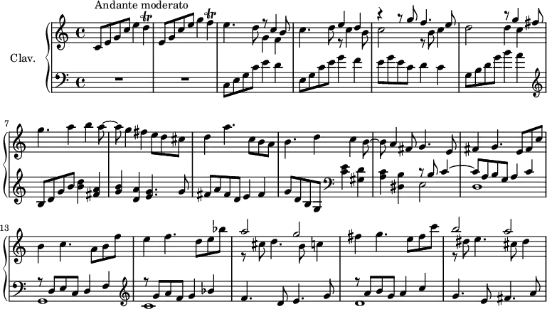 \version "2.18.2"
\header {
  tagline = ##f
  % composer = "Domenico Scarlatti"
  % opus = "K. 86"
  % meter = "Andante moderato"
}
%% les petites notes
trillD      = { \tag #'print { d4\trill } \tag #'midi { e64 d e d~ d16~ d8 } }
trillF      = { \tag #'print { f4\trill } \tag #'midi { g64 f g f~ f16~ f8 } }
upper = \relative c'' {
  \clef treble 
  \key c \major
  \time 4/4
  \tempo 4 = 60
  \set Staff.midiInstrument = #"harpsichord"
  \override TupletBracket.bracket-visibility = ##f
      s8*0^\markup{Andante moderato}
      c,8 e g c e4 \trillD | e,8 g c e g4 \trillF | e4. d8 << { r8 c4 b8 } \\ { g4 f } >>
      % ms. 4
      c'4. d8 << { e4 d | r4 r8 g8 f4. e8 | s2 r8 g4 fis8 } \\ { r8 c4 b8 | c2 r8 b8 c4 | d2 d4 c } >> g'4. a4 b a8~ |
      % ms. 8
      a8 g4 fis e8 d cis | d4 a'4. c,8 b a | b4. d4 c b8~ | b a4 fis8 g4. e8 |
      % ms. 12
      fis4 g4. e8 fis c' | b4 c4. a8 b f' | e4 f4. d8 e bes' | << { a2 g } \\ { r8 cis,8 d4. b8 c4 } >>
      % ms. 16
      fis4 g4. e8 fis c' | << { b2 a } \\ { r8 dis,8 e4. cis8 dis4 } >> | % gis4
}
lower = \relative c' {
  \clef bass
  \key c \major
  \time 4/4
  \set Staff.midiInstrument = #"harpsichord"
  \override TupletBracket.bracket-visibility = ##f
    % ************************************** \appoggiatura a16  \repeat unfold 2 {  } \times 2/3 { }   \omit TupletNumber 
      R1*2 | c,8 e g c e4 d4 |
      % ms. 4
      e,8 g c e g4 f4 | e8 g e c d4 c | g8 b d g b4 a |   \clef treble  b,8 d g b < b d >4 < fis a > |
      % ms. 8
      < g b >4 < d a' > < e g >4. g8 | fis a fis d e4 fis | g8 d b g   \clef bass < c e >4 < gis d' > | < a c > < dis, b' > << { r8 b'8 c4~ | c8 a b g a4 c } \\ { e,2 | d1 } >>
      % ms. 13
      << { r8 d8 e c d4 f } \\ { g,1 } >>  | \clef treble << { r8 g''8 a f g4 bes } \\ { c,1 } >> | f4. d8 e4. g8 |
      % ms. 16
      << { r8 a8 b g a4 c } \\ { d,1 } >>  | g4. e8 fis4. a8 | 
}
thePianoStaff = \new PianoStaff <<
    \set PianoStaff.instrumentName = #"Clav."
    \new Staff = "upper" \upper
    \new Staff = "lower" \lower
  >>
\score {
  \keepWithTag #'print \thePianoStaff
  \layout {
      #(layout-set-staff-size 17)
    \context {
      \Score
     \override SpacingSpanner.common-shortest-duration = #(ly:make-moment 1/2)
      \remove "Metronome_mark_engraver"
    }
  }
}
\score {
  \keepWithTag #'midi \thePianoStaff
  \midi { }
}