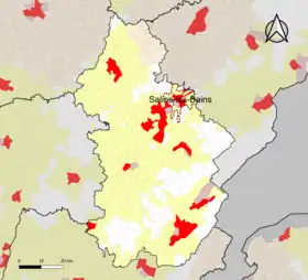 Localisation de l'aire d'attraction de Salins-les-Bains dans le département du Jura.