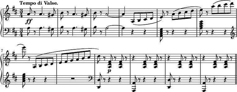 \relative b' {
  \new PianoStaff <<
   \new Staff {
    \key b \minor \time 3/4
    \set Score.tempoHideNote = ##t
    \tempo "Tempo di Valse." 2. = 64
    a8\ff r a4. gis8 | b r a4. gis8 | b r a2 ~ | a4 a,8( b cis d | e) r a( b cis d | e) r a( b cis d | e) r a,,,( b cis d | e fis g a b cis |
    d) r <a, d fis>8\p r <a d fis> r | r4 <a d fis>8 r <a d fis> r | r4 <a d fis>8 r <a d fis> | r r4 <a d fis>8 r <a d fis> r | \bar "||"
   }
   \new Staff {
    \key b \minor \time 3/4 \clef bass
    a8 r a4. gis8 | b r a4. gis8 | b r a2 ~ | a4 r4 r | <g e cis a>8 r r4 r | <a cis e g>8 r r4 r | \clef treble <a' cis e g>8 r r4 r | R2. |
    \clef bass <d,,, d'>8 r r4 r | <a a'>8 r r4 r | <d d'>8 r r4 r | <a a'>8 r r4 r |
   }
  >>
 }