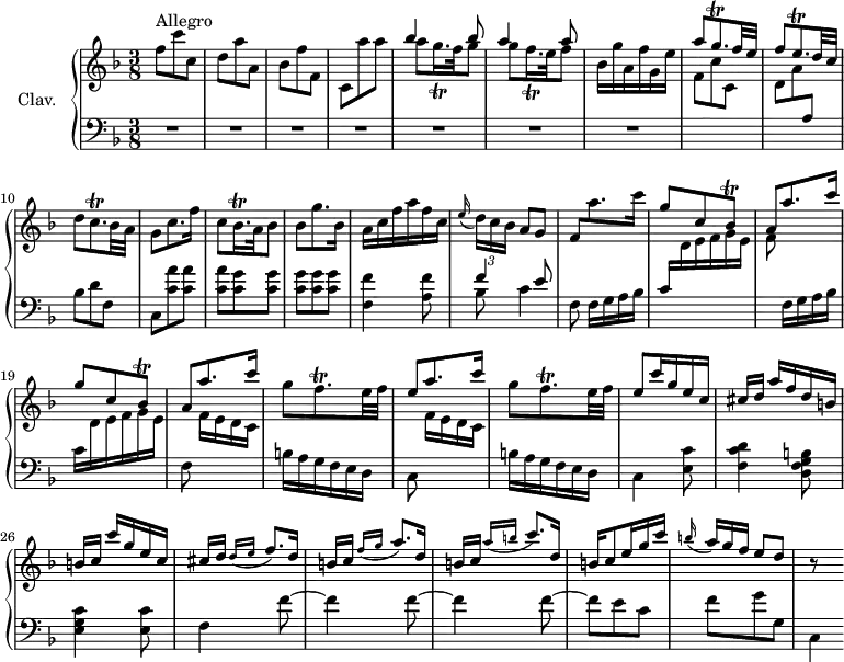 
\version "2.18.2"
\header {
  tagline = ##f
}

%% les petites notes
trillFqqp     = { \tag #'print { f16.\trill } \tag #'midi { f32 g f } }
trillBesqqp   = { \tag #'print { bes16.\trill } \tag #'midi { bes32 c bes } }
trillGqqp     = { \tag #'print { g16.\trill } \tag #'midi { g32 a g } }
trillGqp      = { \tag #'print { g8.\trill } \tag #'midi { a32 g a g~ g16 } }
trillEqp      = { \tag #'print { e8.\trill } \tag #'midi { f32 e f e~ e16 } }
trillCqp      = { \tag #'print { c8.\trill } \tag #'midi { d32 c d c~ c16 } }
trillBesq     = { \tag #'print { bes8\trill } \tag #'midi { c32 bes c bes } }
trillFqp      = { \tag #'print { f8.\trill } \tag #'midi { g32 f g f~ f16 } }

upper = \relative c'' {
  \clef treble 
  \key f \major
  \time 3/8
  \tempo 4. = 60
  \set Staff.midiInstrument = #"harpsichord"
  \override TupletBracket.bracket-visibility = ##f

    s8*0^\markup{Allegro}
    f8 c'c, | d a' a, | bes f' f, | c a'' a | << { bes4 bes8 | a4 a8 } \\ { a8 \trillGqqp f32 g8 | g \trillFqqp e32 f8 } >>
    % ms. 7
    bes,16 g' a, f' g, e' | \stemUp a8 \trillGqp f32 e | f8 \trillEqp d32 c | \stemNeutral d8 \trillCqp bes32 a |
    % ms. 11
    g8 c8. f16 | c8 \trillBesqqp a32 bes8 | bes g'8. bes,16 | a16 c f a f c | \appoggiatura e16 \times 2/3 { d16[ c bes] } a8 g |
    % ms. 16
     \stemUp f8 \stemDown \repeat unfold 2 { a'8. c16 | \stemUp g8 c, \trillBesq | a8 } \stemUp \repeat unfold 2 { a'8. c16 | 
    % ms. 21
    \stemNeutral g8 \trillFqp e32 f | \stemUp e8 } c'16g e c | cis[ d] a' f d b |
    % ms. 26
    b16[ c] c' g e c | cis[ d] \grace {   \tempo 4. = 45 d16( e }   \tempo 4. = 60 f8.) d16 | b16[ c]  \grace {   \tempo 4. = 45 f16( g }   \tempo 4. = 60 a8.) d,16 | b16[ c]  \grace {   \tempo 4. = 45 a'16( b }   \tempo 4. = 60 c8.) d,16 | b16 c8 e16 g c |
    % ms. 31
    \appoggiatura b16  \omit TupletNumber \times 2/3 { a16[ g f] } e8 d | r8 s8
 
}

lower = \relative c' {
  \clef bass
  \key f \major
  \time 3/8
  \set Staff.midiInstrument = #"harpsichord"

    % **************************************
     R4.*7 | \stemDown \change Staff = "upper" f8 c'c, | d a' \stemUp \change Staff = "lower" a, |  \stemNeutral bes d f, | % cor. Gilbert : f ?
     % ms. 11
     c8 < c' a' >8 q | q < c g' >8 q | q q q | < f, f' >4 < a f' >8 | << { f'4 e8 } \\ { bes8 c4 } >> |
     % ms. 16
     f,8 f16[ g a bes] | c  \stemDown \change Staff = "upper" d16 e f g e | f8   \change Staff = "lower" f,16[ g a bes] | c  \stemDown \change Staff = "upper" d16 e f g e |  \change Staff = "lower" f,8 \stemDown \change Staff = "upper" f'16[ e d c] | \change Staff = "lower"
     % ms. 21
     b16 a g f e d | c8 \stemDown \change Staff = "upper" f'16[ e d c] |  \change Staff = "lower"  b16 a g f e d | c4 < e c' >8 | < f c' d >4 < d f g b >8 |
     % m. 26
     < e g c >4 < e c' >8 | f4 f'8~ | f4 f8~ | f4 f8~ | f8 e c | f g g, | c,4 

}

thePianoStaff = \new PianoStaff <<
    \set PianoStaff.instrumentName = #"Clav."
    \new Staff = "upper" \upper
    \new Staff = "lower" \lower
  >>

\score {
  \keepWithTag #'print \thePianoStaff
  \layout {
      #(layout-set-staff-size 17)
    \context {
      \Score
     \override SpacingSpanner.common-shortest-duration = #(ly:make-moment 1/2)
      \remove "Metronome_mark_engraver"
    }
  }
}

\score {
  \keepWithTag #'midi \thePianoStaff
  \midi { }
}
