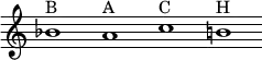 \version "2.18.2"
\new Staff {
  \relative c'' {
    \override Staff.TimeSignature #'stencil = ##f
    \override Staff.BarLine #'stencil = ##f
     bes1^B a^A c^C b!^H
  }
}
\midi {
  \context {
    \Score
    tempoWholesPerMinute = #(ly:make-moment 60 1)
  }
}