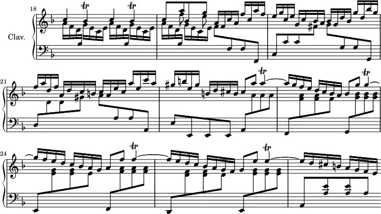 \version "2.18.2"
\header {
  tagline = ##f
}
%% les petites notes
trillBes     = { \tag #'print { bes4\trill } \tag #'midi { c32 bes c bes c bes~ bes16 } }
trillA     = { \tag #'print { a4\trill^~ } \tag #'midi { bes32 a bes a bes a bes a~ } }
trillG     = { \tag #'print { g4\trill^~ } \tag #'midi { a32 g a g a g a g~ } }
trillF     = { \tag #'print { f4\trill^~ } \tag #'midi { g32 f g f g f g f~ } }
trillE     = { \tag #'print { e4\trill^~ } \tag #'midi { f32 e f e f e f e~ } }
upper = \relative c'' {
  \clef treble 
  \key d \minor
  \time 4/4
  \tempo 4 = 90
  \set Staff.midiInstrument = #"harpsichord"
  \set Score.currentBarNumber = #18
  \omit Staff.TimeSignature
    \bar ""
    \stemUp c4 \trillBes c4 \trillBes | << { c8 a' bes, g' } \\ { s8 f8 s8 e8 } >> a,16 f c' a f' c a' f | 
    % ms. 20 
    e16 g c, e  g, c bes a  bes g d' bes g' d bes' g | f a d, f a, d c b  c a e' c  a' e c' a | gis b e, gis  b, d cis b cis8 a' \trillA |
    % ms. 23
    a16 g f e d c bes a bes8 g' \trillG | g16 f e d c bes a g a8 f' \trillF f16 e d c bes a g f g8 e' \trillE | 
    % ms. 26
    e16 d cis b a g f e
}
lower = \relative c' {
  \clef bass
  \key d \minor
  \time 4/4
  \set Staff.midiInstrument = #"harpsichord"
  \omit Staff.TimeSignature
    % *****************************
     % ms. 18
     \repeat unfold 3 { \stemDown \change Staff = "upper" a'16 f d \stemUp \change Staff = "lower" bes16  \stemDown \change Staff = "upper" g'16 e c e } f8 \stemUp \change Staff = "lower" f,8 f f, | 
     % ms. 20
     c'8 c' c \stemDown \change Staff = "upper" fis8 g \stemUp \change Staff = "lower" g,8 g g, | d' \stemDown \change Staff = "upper" d'8 d gis a \stemUp \change Staff = "lower" a,8 a a,  | e' e, e e a \stemDown \change Staff = "upper" a''8 a a | 
     % ms. 23
     \stemUp \change Staff = "lower" f,,8  \stemDown \change Staff = "upper" < f'' a >8 q f \stemUp \change Staff = "lower" g,,8  \stemDown \change Staff = "upper" < g'' bes >8 q q | \stemUp \change Staff = "lower" e,,8 \stemDown \change Staff = "upper" < e'' g >8 q e  \stemUp \change Staff = "lower" f,,8 \stemDown \change Staff = "upper" < f'' a >8 q q |  \stemUp \change Staff = "lower" d,,8  \stemDown \change Staff = "upper" < d'' f >8 q d  \stemUp \change Staff = "lower" e,,8  \stemDown \change Staff = "upper" < e'' g >8 q q  | 
     % ms. 29
     \stemUp \change Staff = "lower" a,,8 < a' e' >8 q a 
} 
thePianoStaff = \new PianoStaff <<
    \set PianoStaff.instrumentName = #"Clav."
    \new Staff = "upper" \upper
    \new Staff = "lower" \lower
  >>
\score {
  \keepWithTag #'print \thePianoStaff
  \layout {
      #(layout-set-staff-size 17)
    \context {
      \Score
     \override SpacingSpanner.common-shortest-duration = #(ly:make-moment 1/2)
      \remove "Metronome_mark_engraver"
    }
  }
}
\score {
  \keepWithTag #'midi \thePianoStaff
  \midi { }
}