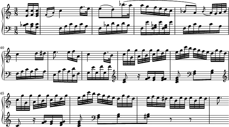 
\version "2.14.2"
\header {
  tagline = ##f
}
upper = \relative c'' {
  \clef treble 
  \key a \minor
  \time 3/8
  \tempo 4 = 68
  %\autoBeamOff
  \set Staff.midiInstrument = #"piano"
   
   \partial 8. < c e, >16 < c f, > < c g e > \grace { f,16( a) } c4 f16. e32 e8( d) 
   bes'16.( a32 a16 g f e d c bes8( a) ) 
   \acciaccatura bes8 a32[ g a bes] c4 d16 dis e8. e16[ f a,] c4  d16. b32 
   \repeat unfold 2 { c32[ g' g, g'] a,[ g' b, g'] c,[ g' d g] e[ g c b] a[ g f e] d[ g f d] }
   e32[ f e dis] e[ b e dis] e[ b e dis] e8.
   
}

lower = \relative c' {
  \clef bass
  \key a \minor
  \time 3/8
  \set Staff.midiInstrument = #"piano"
  \set Score.currentBarNumber = #36

   < c bes >16 < c a > < c g > 
   f,16 a \repeat unfold 2 { c a }  f bes \repeat unfold 2 { d bes }  f e' \repeat unfold 2 { < bes g f > e }
   \repeat unfold 2 { f,16 a \repeat unfold 2 { c a } } e16 a c a < d d, > f,
   g16 e' g, f' g, f'  \clef treble  < e c >8 r16 < g f >16 < g e > < g f e > < g e c >8 \clef bass < a, f >8[ < b g >] 
   \clef treble c8 r16 < g' f >16 < g e > < g f d > < g e c >8 \clef bass < a, f >8[ < b g > < b gis >] r8 r8 s4
}

\score {
  \new PianoStaff <<
    \set PianoStaff.instrumentName = #""
    \new Staff = "upper" \upper
    \new Staff = "lower" \lower
  >>
  \layout {
    indent = #0
    \context {
      \Score
      \remove "Metronome_mark_engraver"
\override SpacingSpanner.common-shortest-duration = #(ly:make-moment 1/2)
    }
  }
  \midi { }
}
